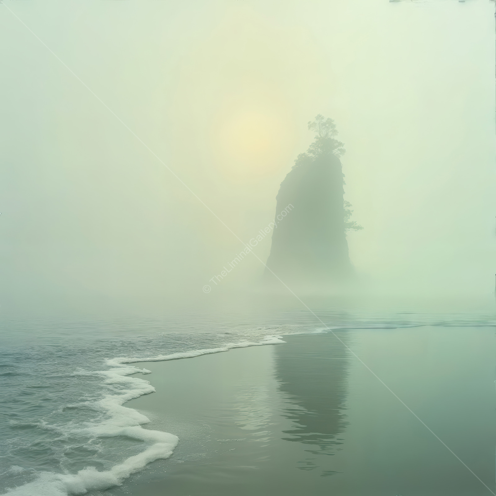 Mist-clad cliffs rise from glassy waters at dawn, first light revealing grand contours and reflecting a tranquil panorama of untouched coastal serenity