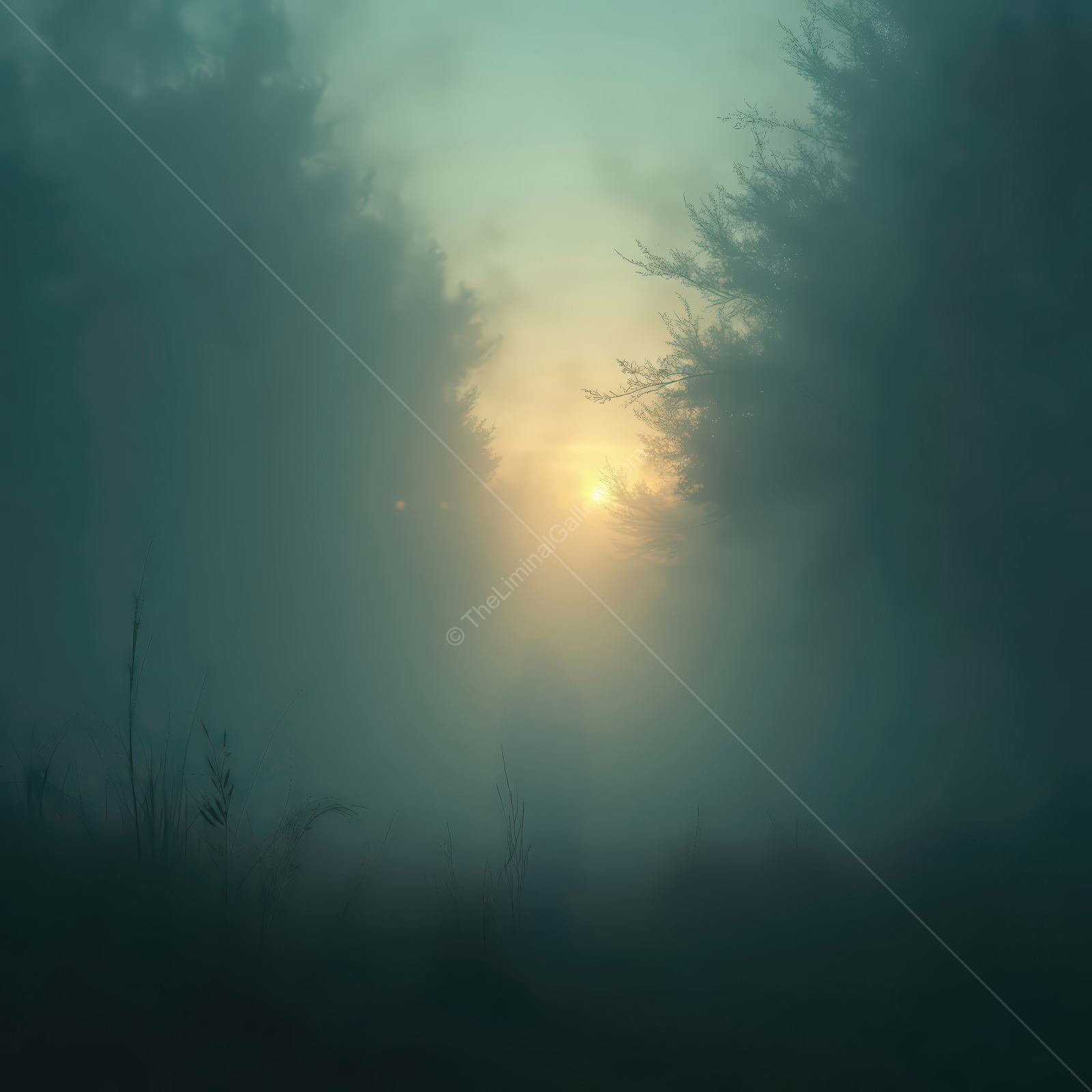Liminal forest sunrise veils trees in ghostly mist, serene hues turning the woodland into an enchanted realm that encourages stillness, awe, and reflection