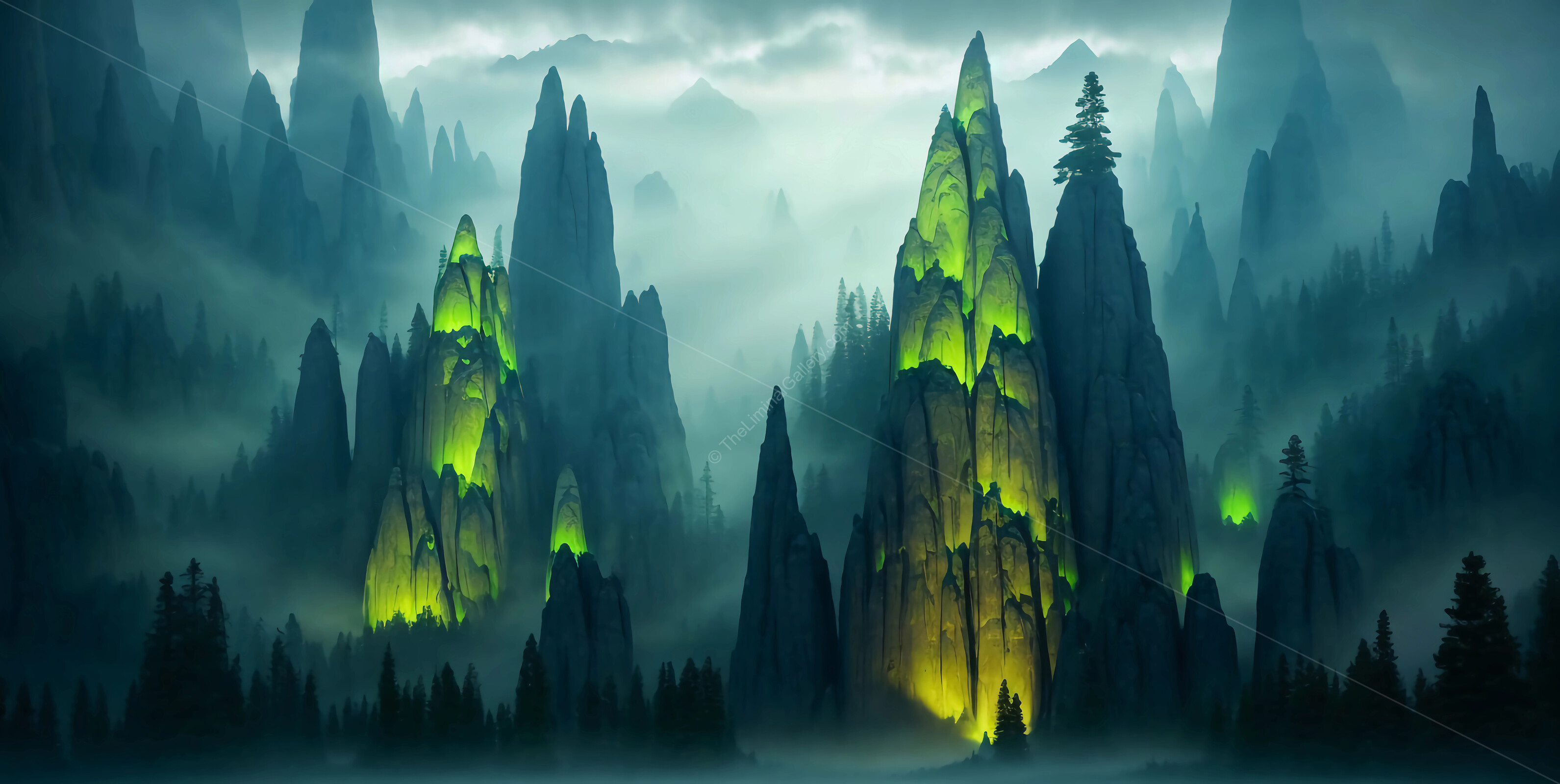 Majestic misty mountains illuminated by mystical green light in an enchanting landscape