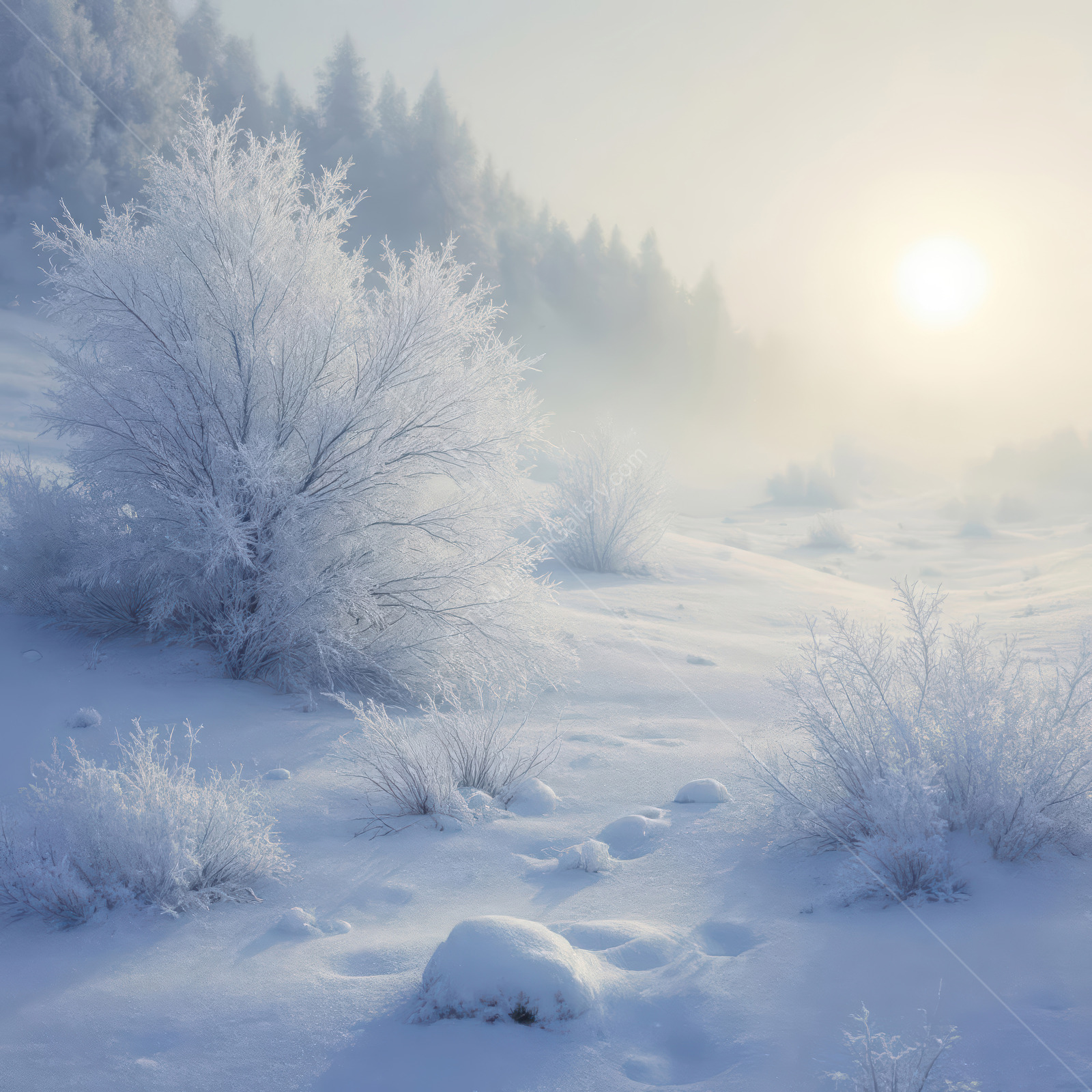 Morning sun diffuses through mist over snow-laden hills, turning the winter landscape into an ethereal scene of soft light, stillness, and quiet wonder