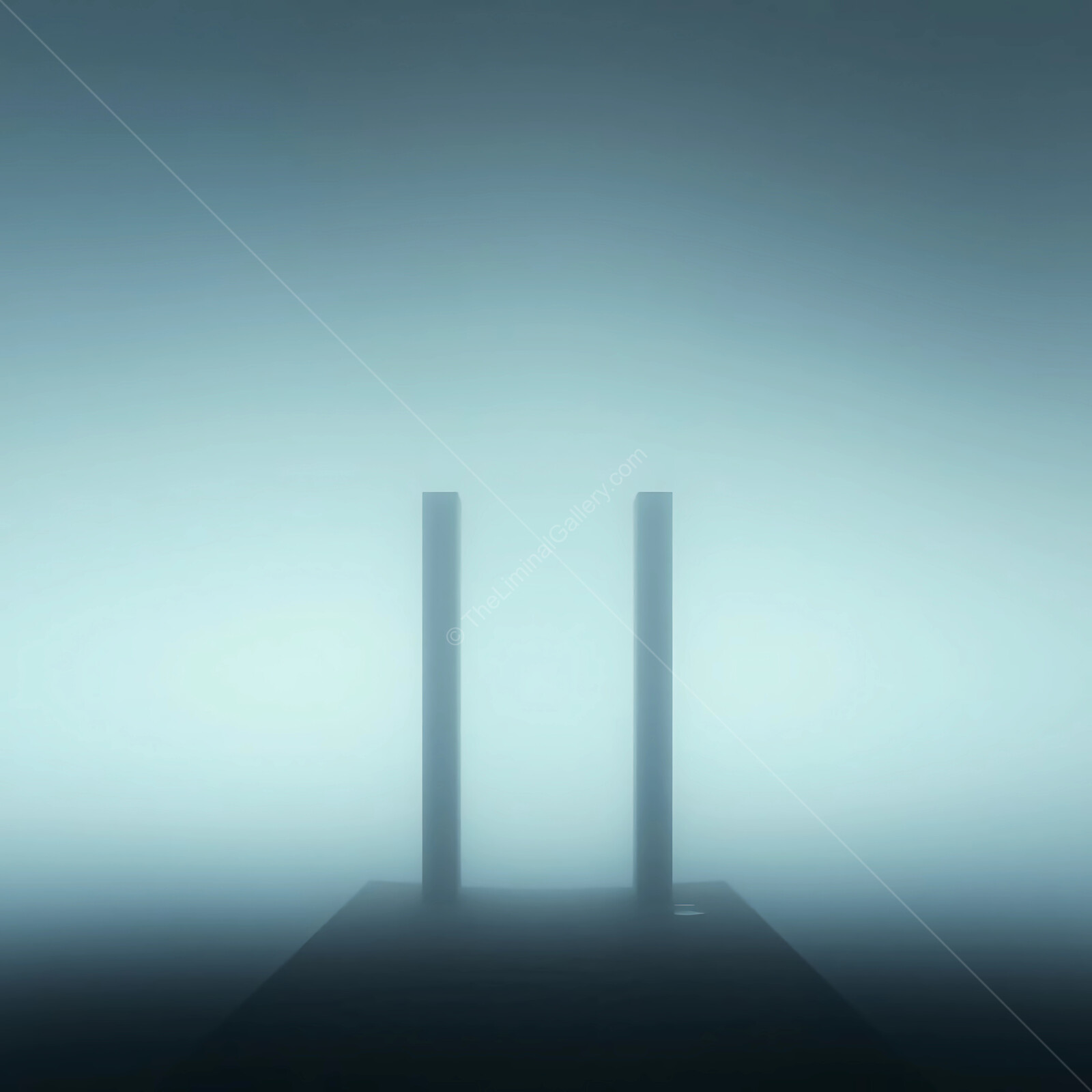 Misty tranquility envelops two silhouettes at a tranquil lake during dawn