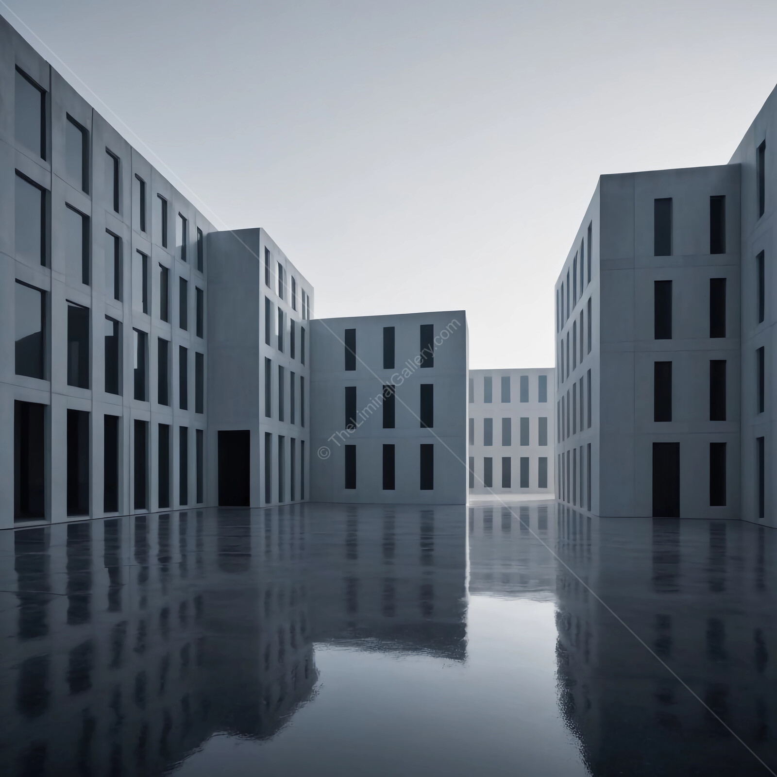 Modern architectural marvels reflected in tranquil waters under soft light