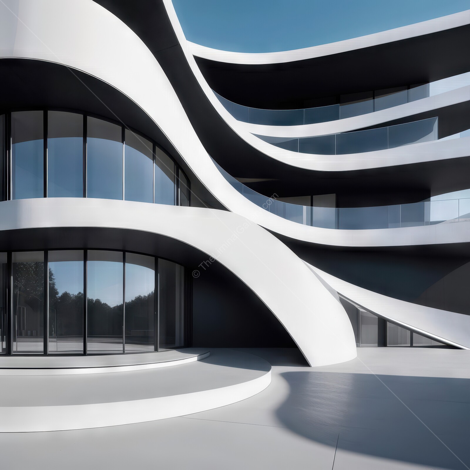 Modern liminal architecture showcases flowing curves in a contemporary building design at midday