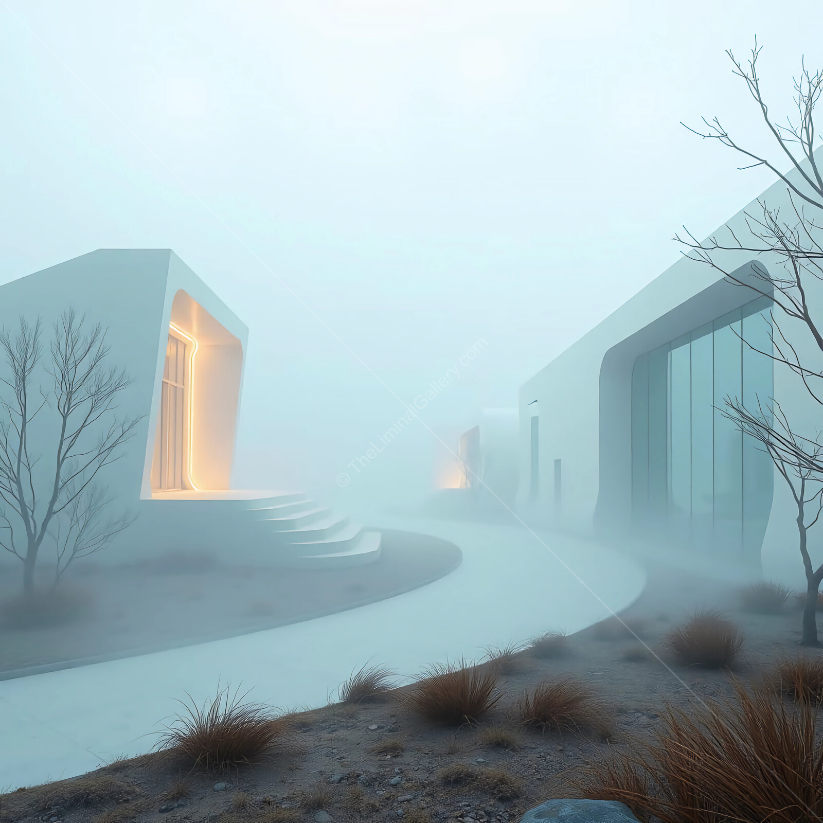 Mysterious liminal modern architecture emerges from ethereal fog in twilight