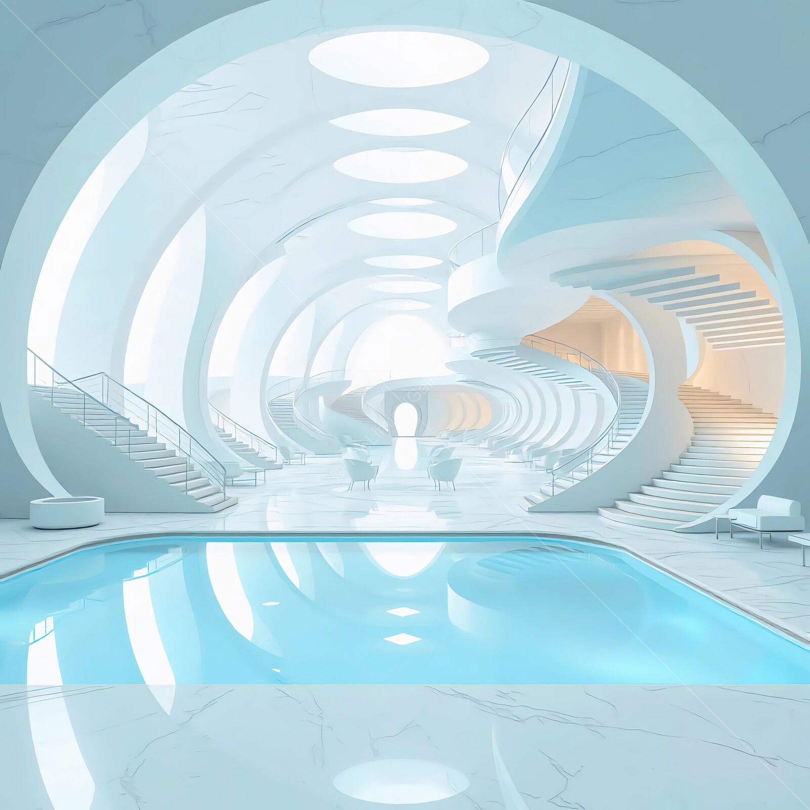 Stunning modern liminal architecture featuring a spiral staircase and tranquil pool reflecting light in a dreamy setting