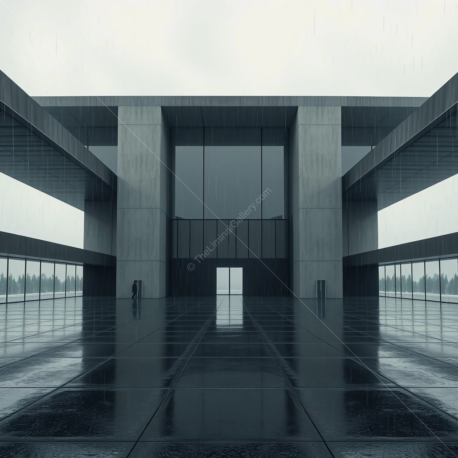 Modern architecture shines under rain at a serene waterfront location in the early morning light