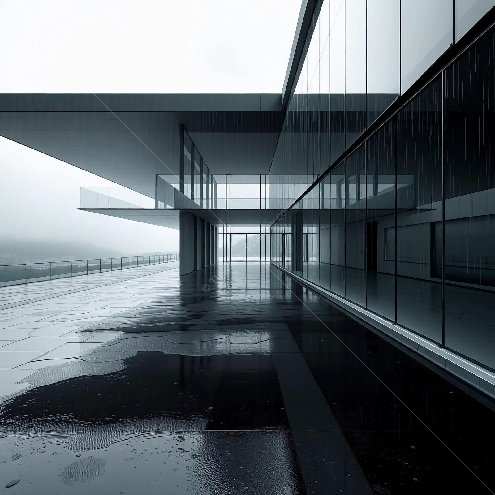 Modern architecture meets nature in a tranquil rainy setting at an elegant coastal retreat