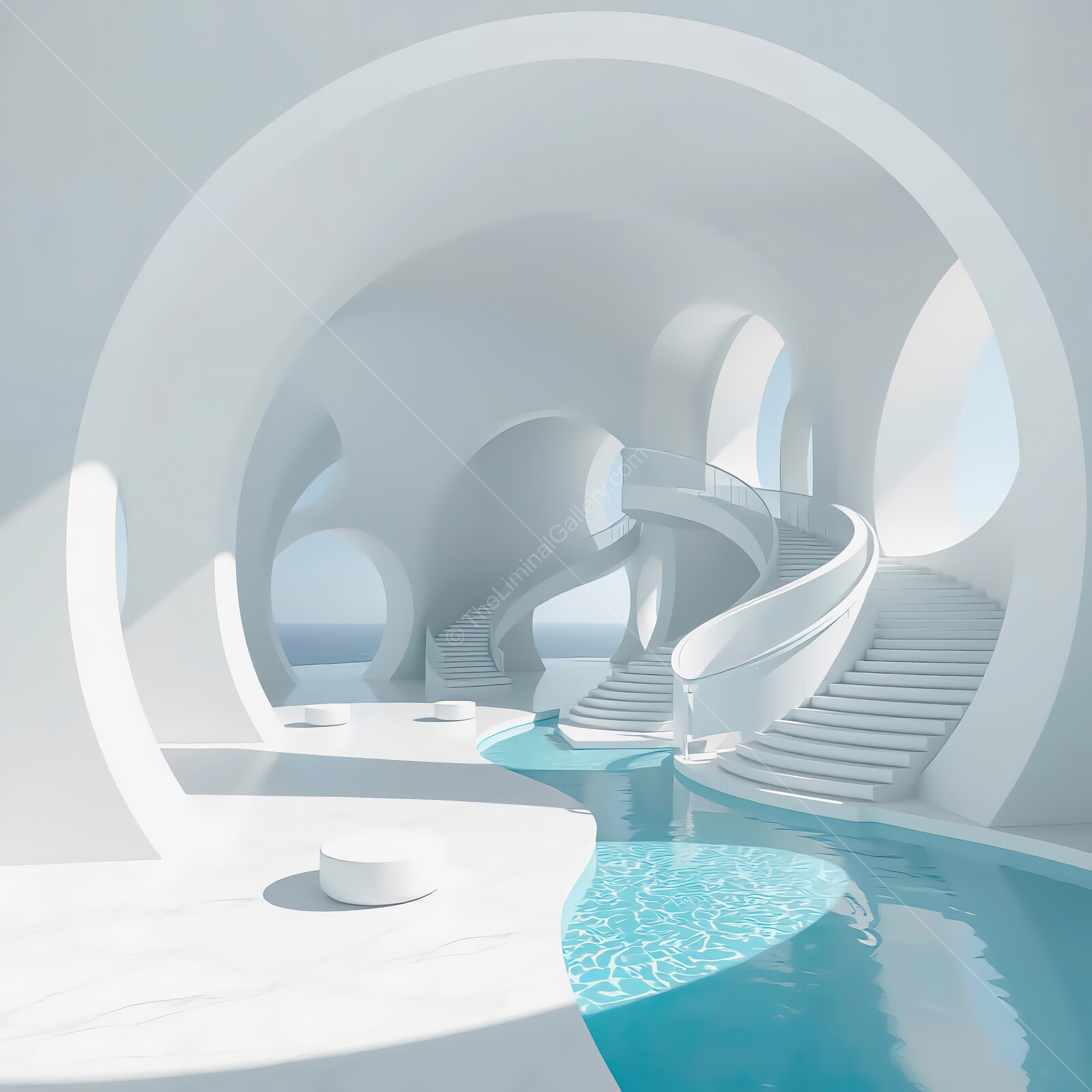 Modern architectural marvel featuring flowing lines and serene water in a tranquil liminal environment