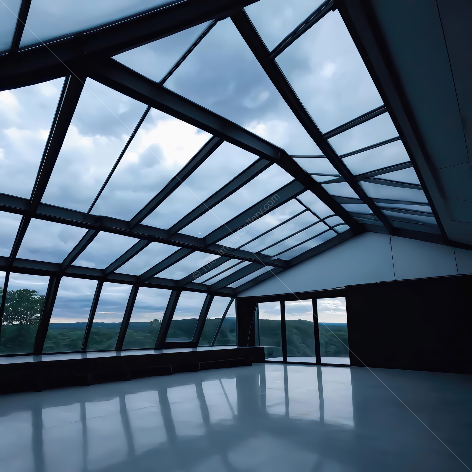 Modern architectural design showcases expansive glass ceiling over tranquil landscape