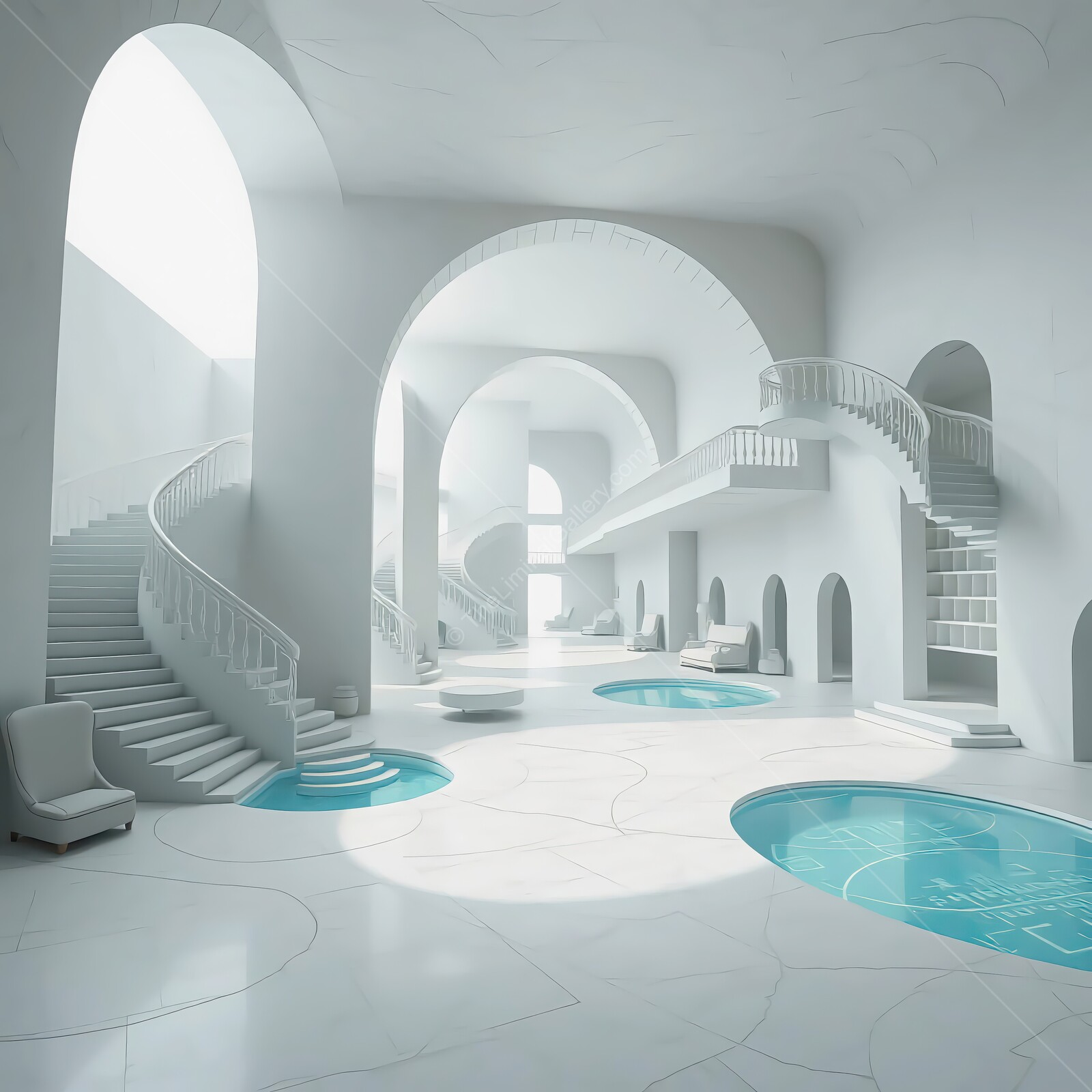 Stunning modern interior with elegant liminal pools and grand staircases bathed in natural light