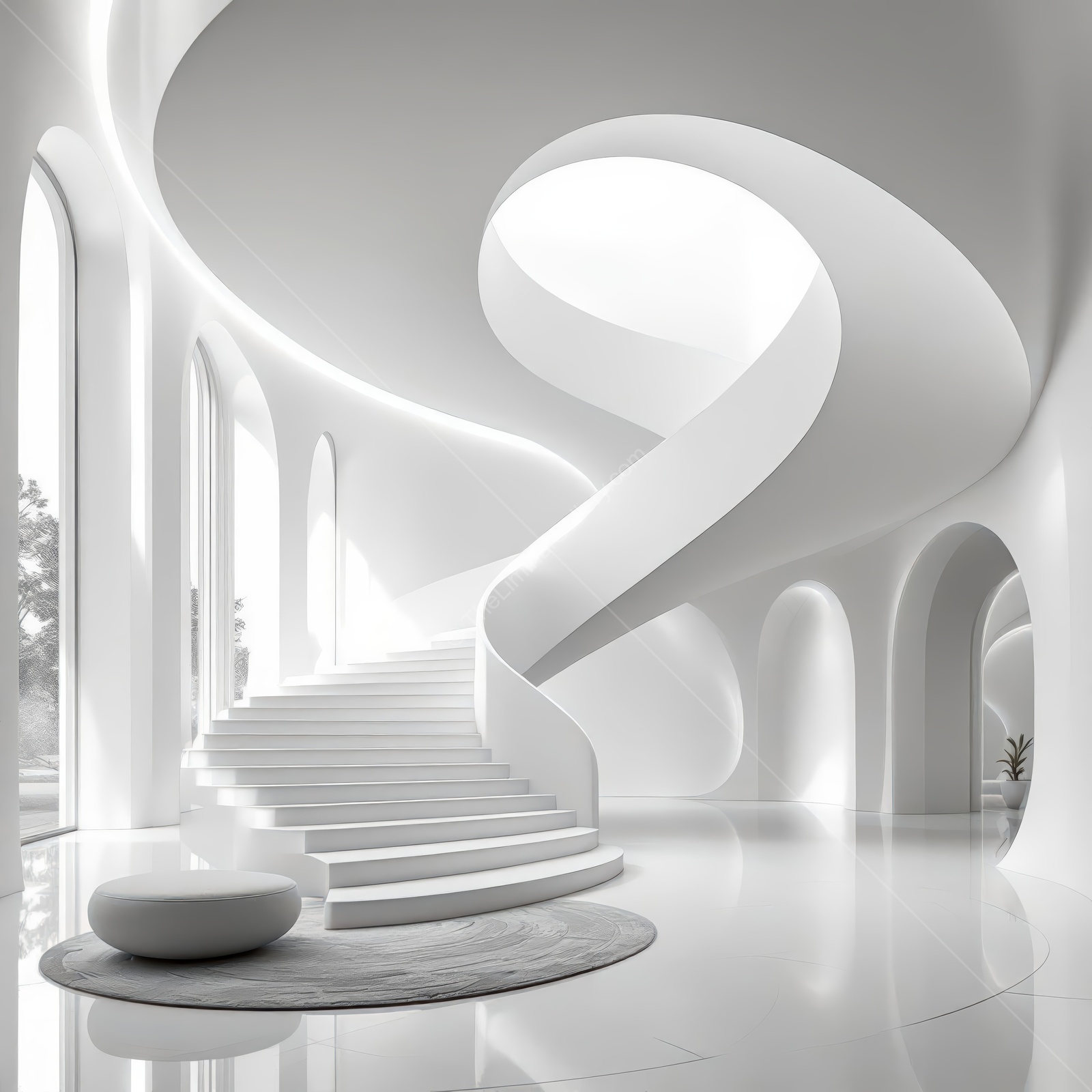 Exploring the serene elegance of a modern liminal space with a twisting staircase and curved architecture