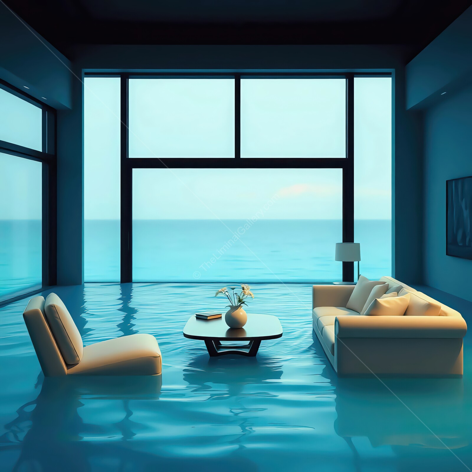 Modern living room submerged in tranquil water with panoramic ocean views during twilight