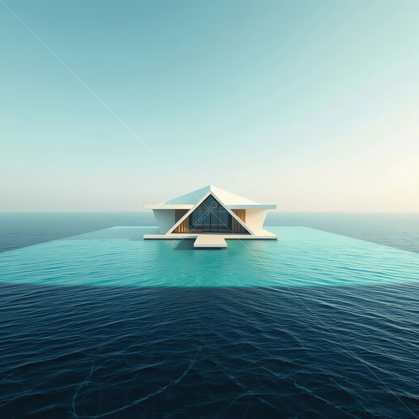 Modern liminal architectural marvel floats serenely on tranquil azure waters in a dreamy coastal paradise