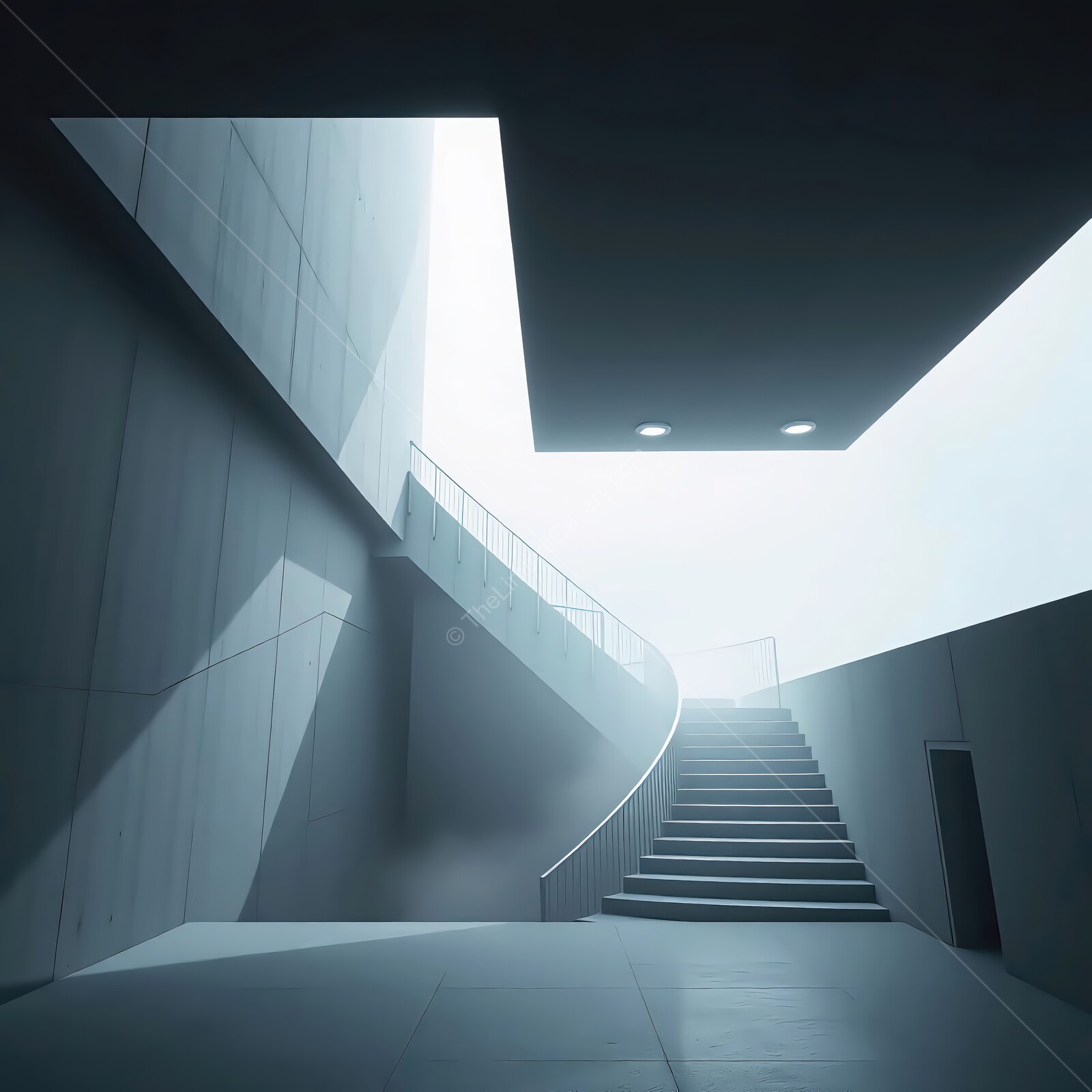 Exploring a liminal modern architectural marvel with sweeping lines and soft light at dawn