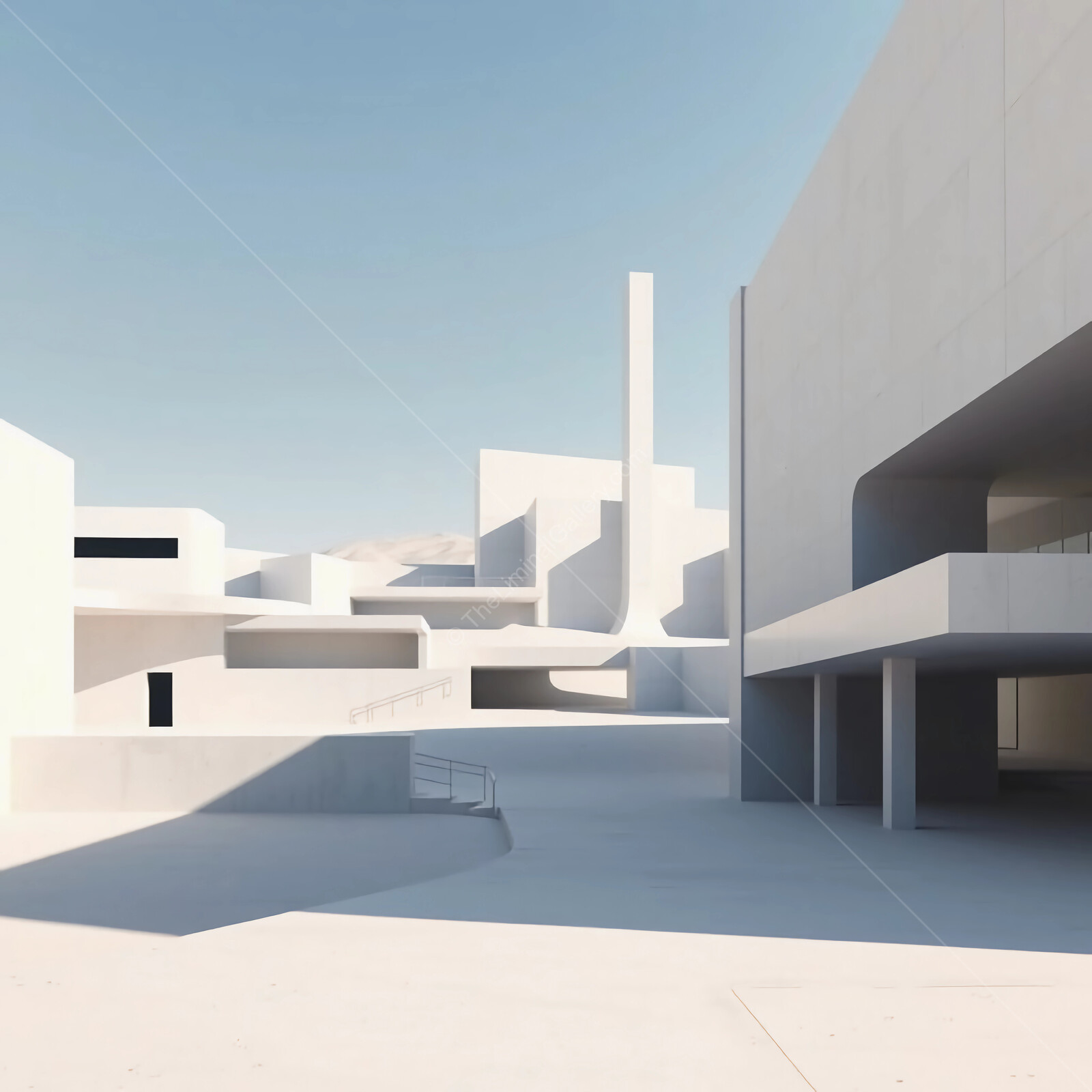 Modern liminal architectural marvel showcasing minimalist design and geometric structures in a serene urban setting