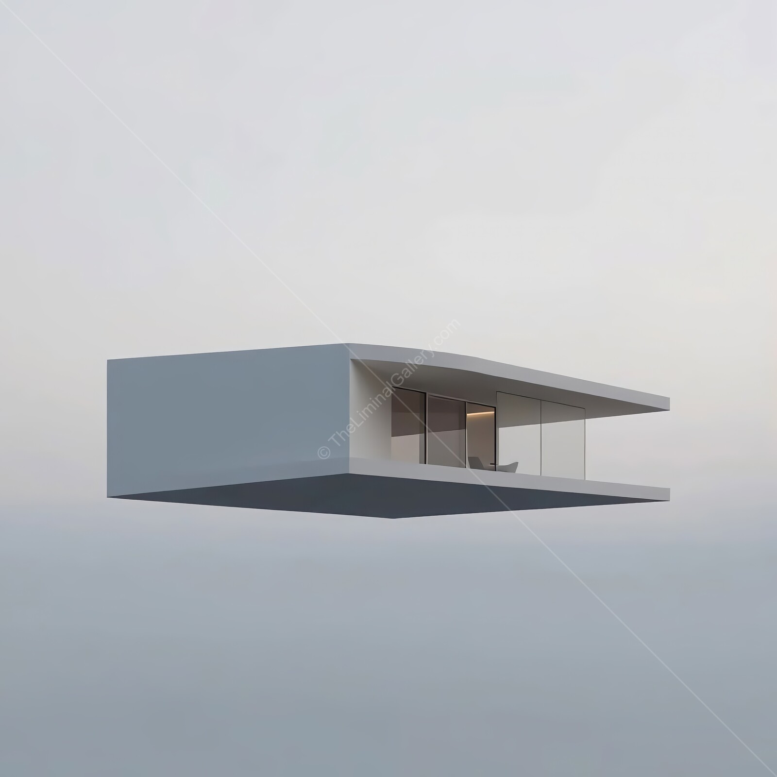 Modern architectural marvel hovers above tranquil landscape, showcasing innovative design and minimalism