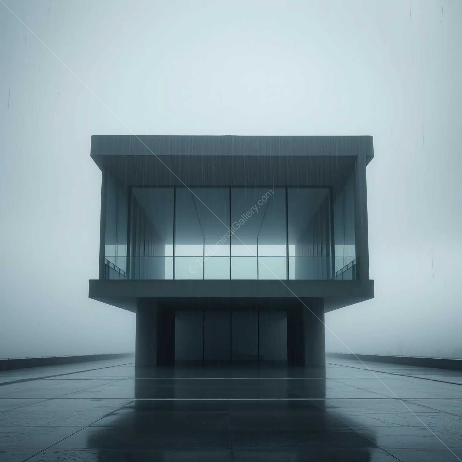 Modern architectural marvel stands amidst a misty landscape at dusk