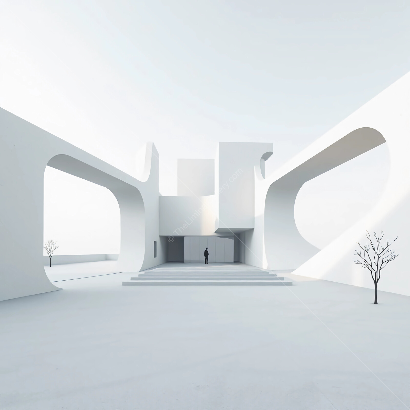 Modern architectural liminal marvel stands boldly under a serene sky at the heart of a minimalist landscape setting