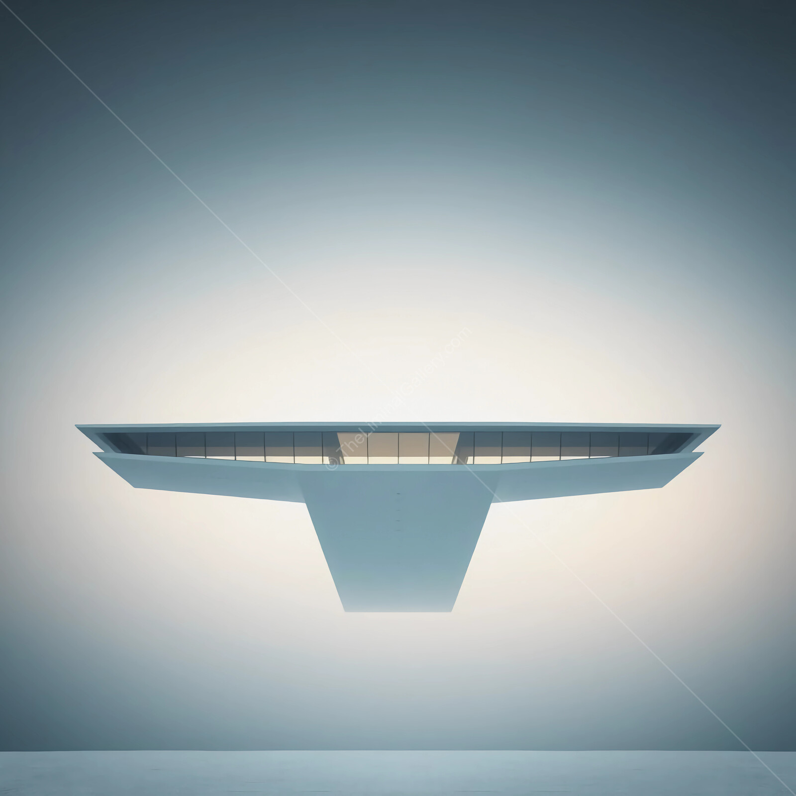 Modern architectural masterpiece floats above a tranquil backdrop at dusk