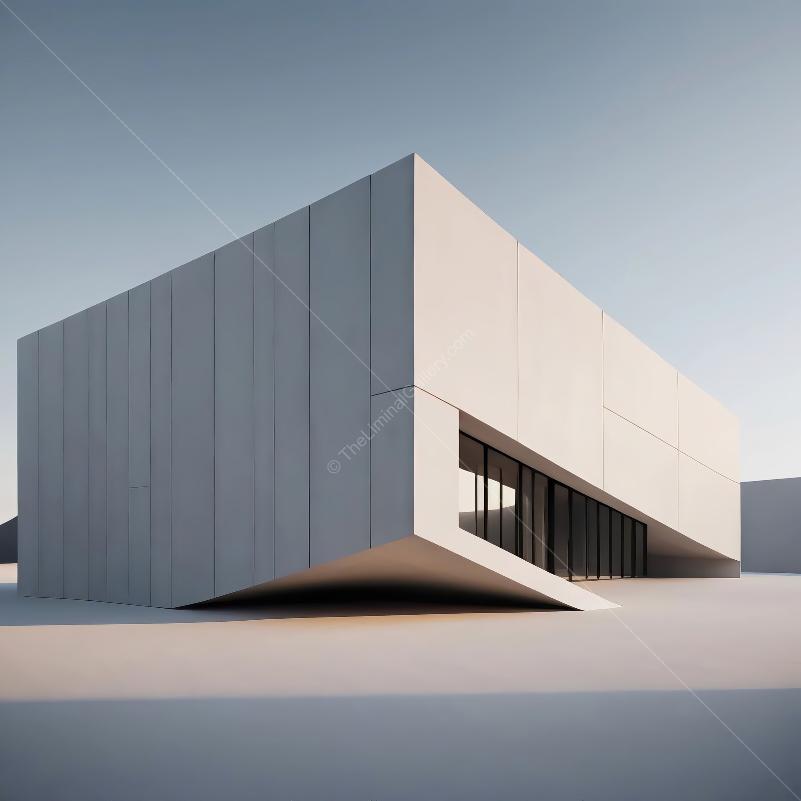 Modern architectural masterpiece showcasing minimalist design in an urban landscape during golden hour