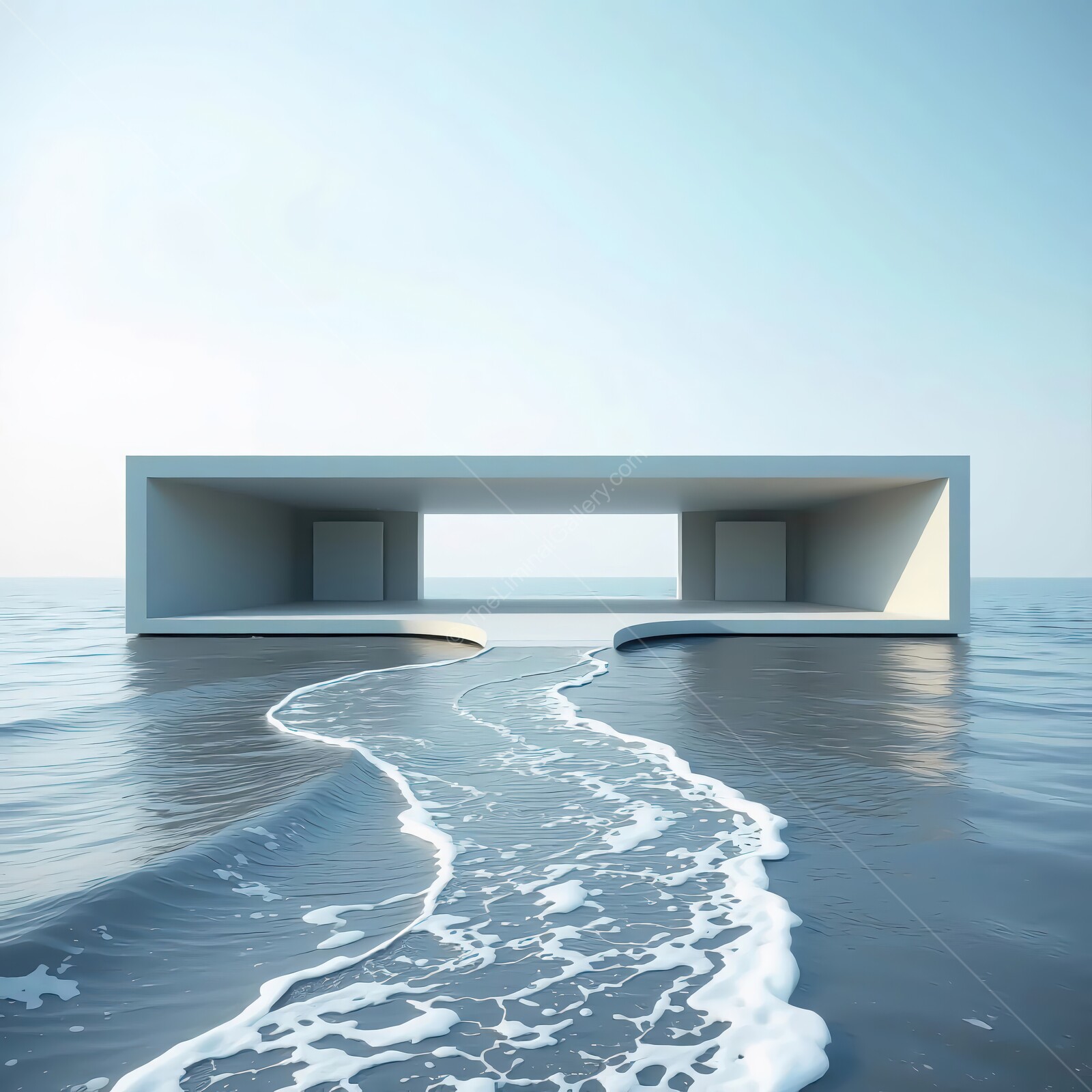 Modern architectural liminal masterpiece floating serenely on tranquil waters at sunrise