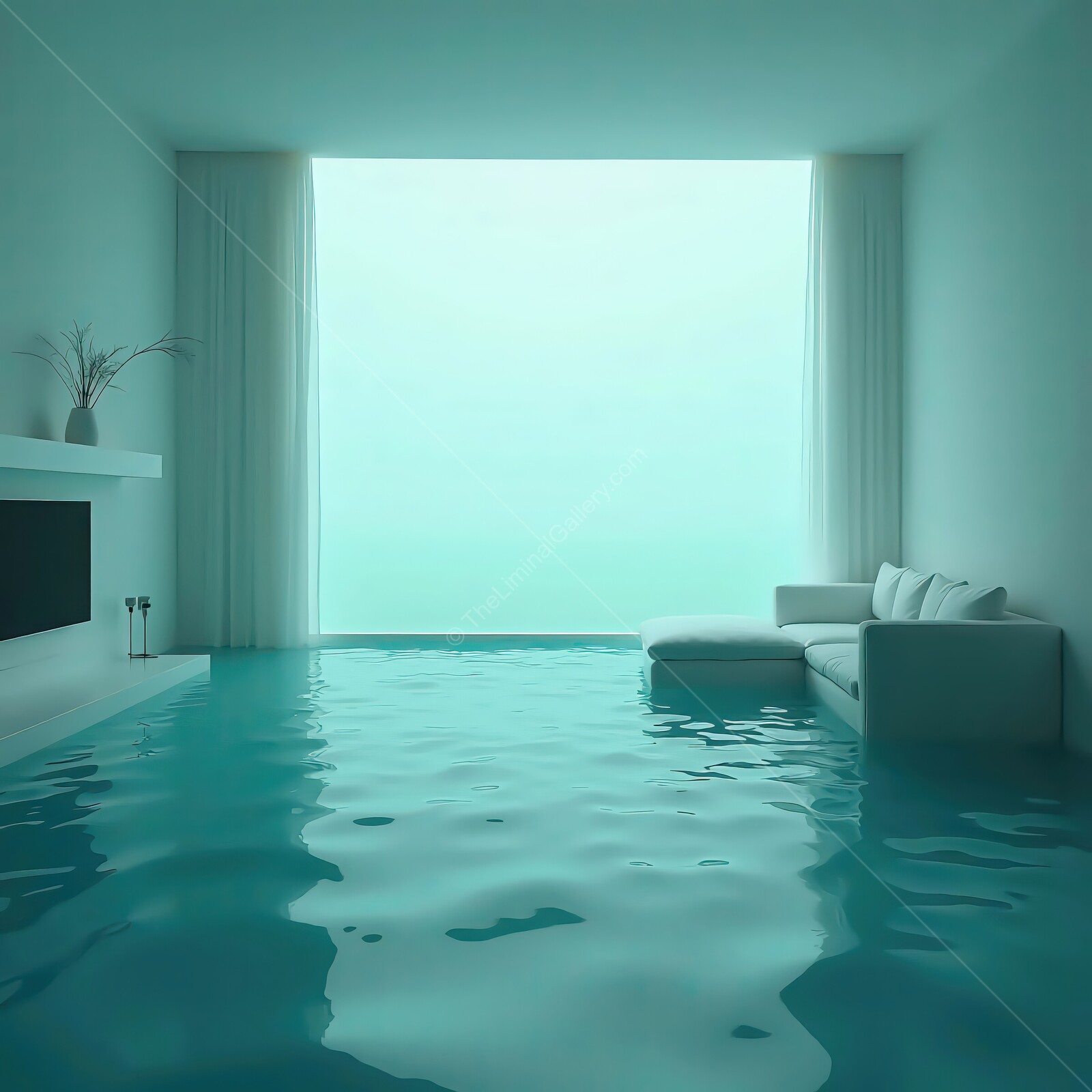Modern liminal minimalism in a serene water-filled living space overlooking a tranquil view