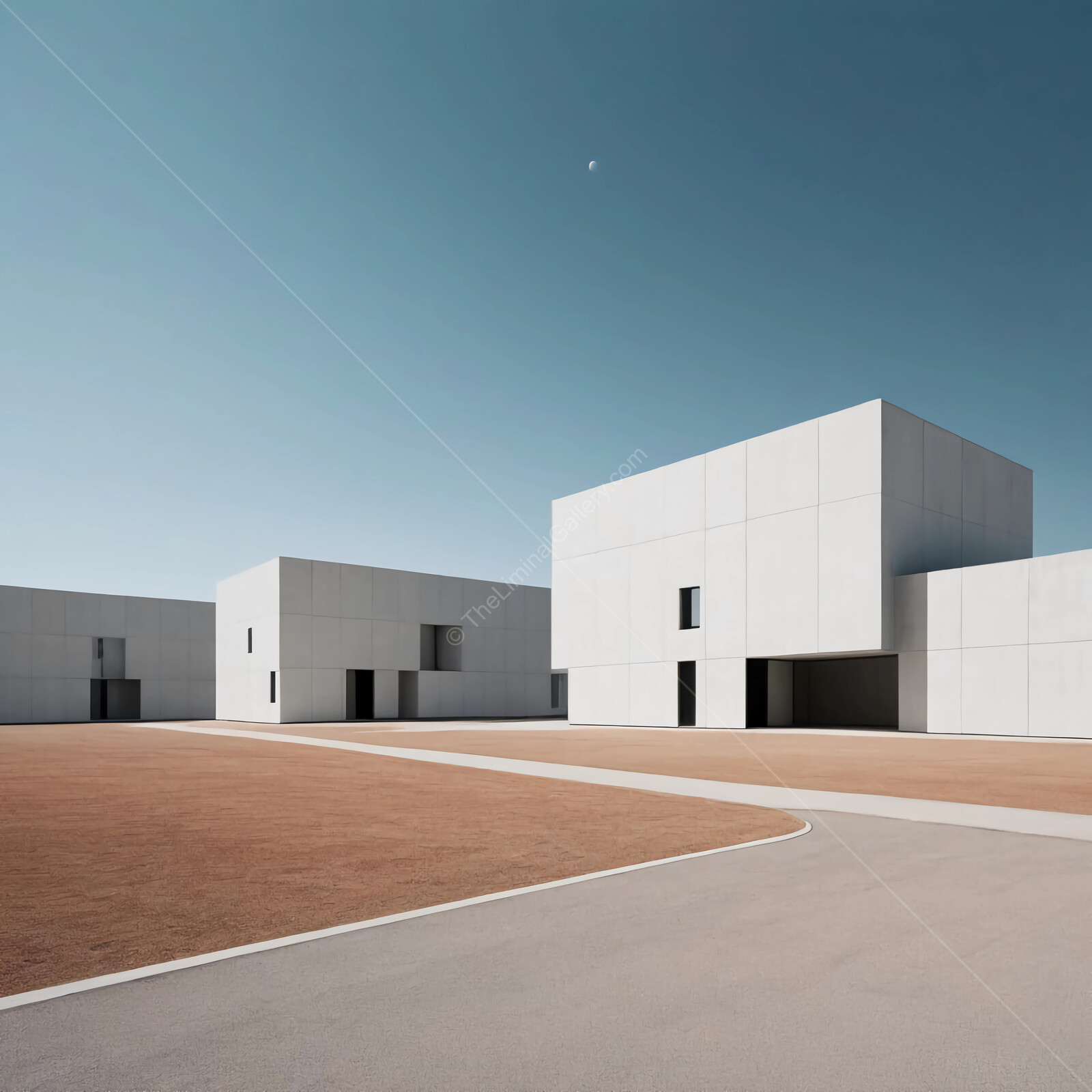 Modern architectural design of minimalist buildings under clear blue sky