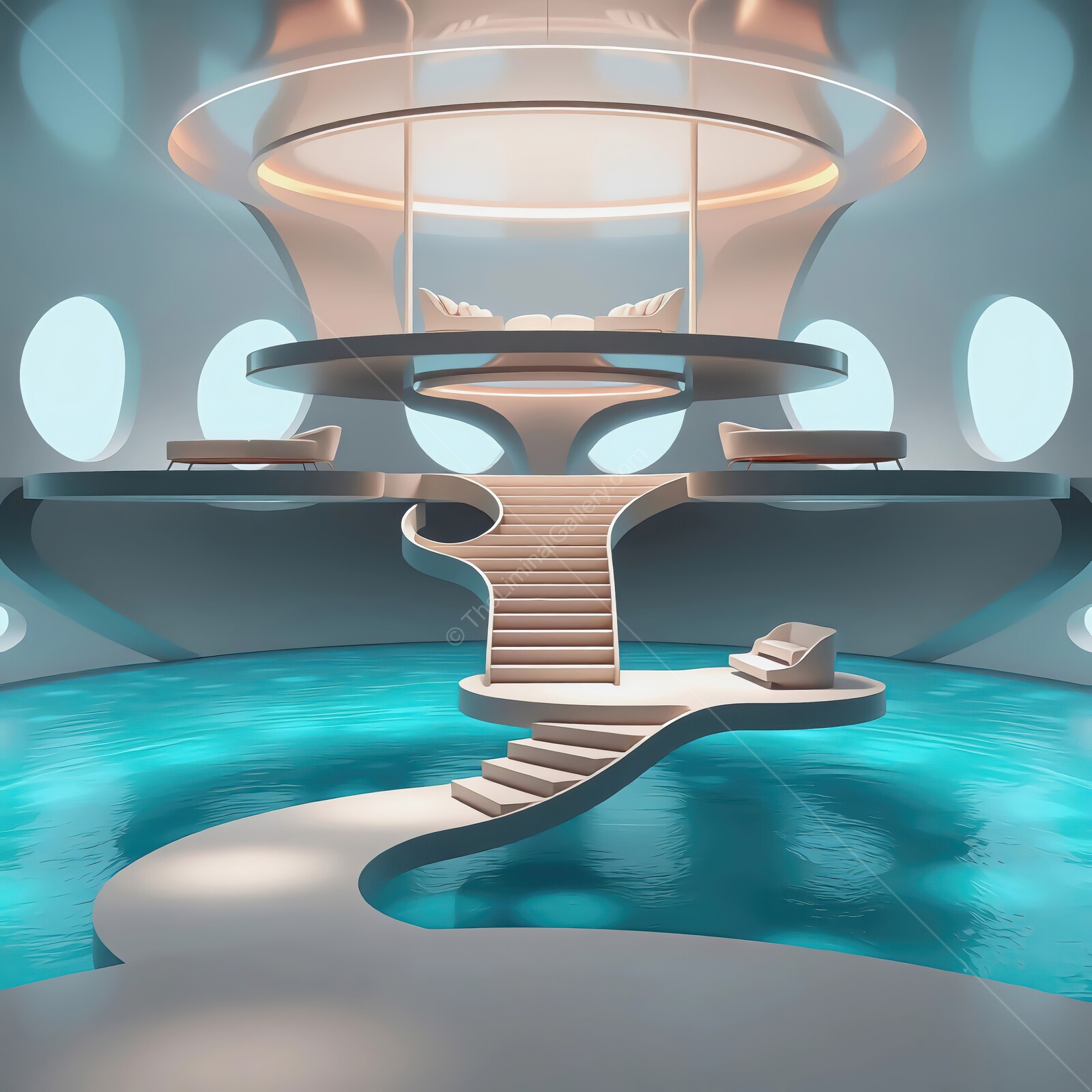 Breathtaking modern architecture features a serene pool and elegant design elements in a futuristic space