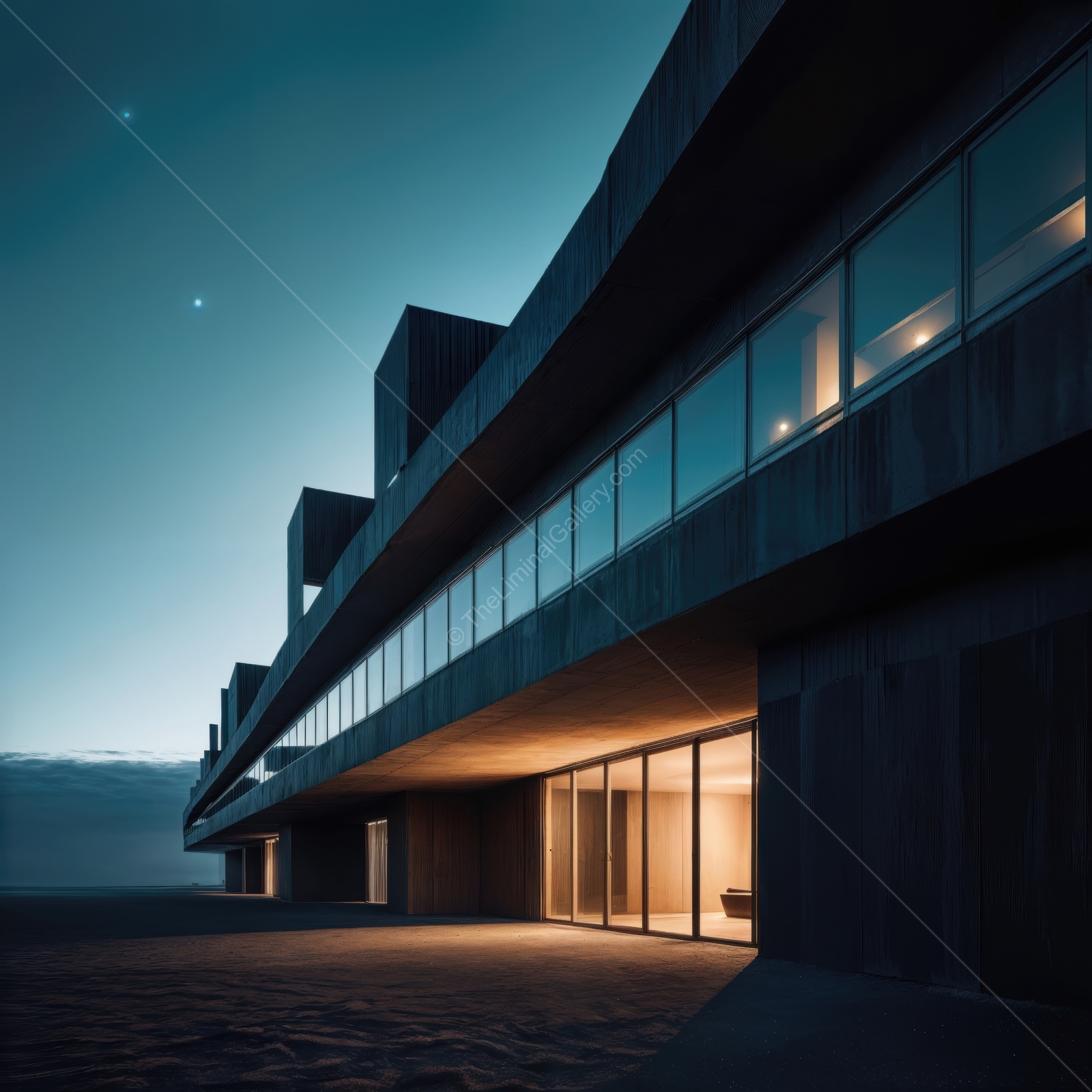 Modern shoreline landmark glows beneath violet twilight, sleek lines reflecting ocean hues while sea breeze and fading light craft a memorable coastal tableau