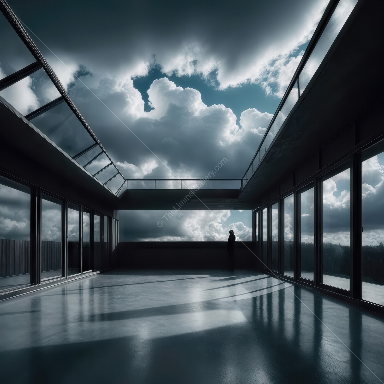 Modern architectural space reveals dramatic clouds and solitude through expansive glass windows