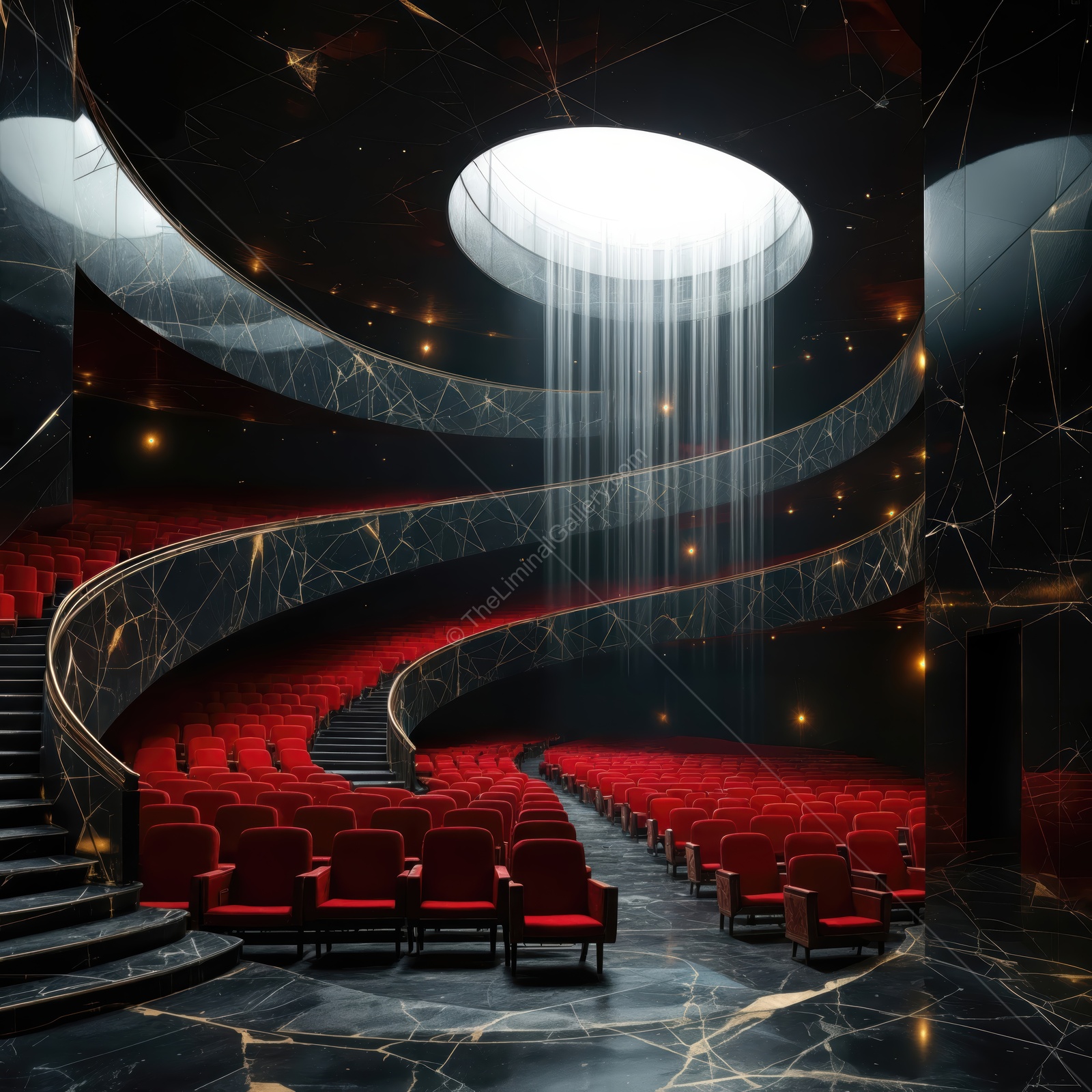Stunning liminal space with cascading light in a modern theater filled with empty red seats