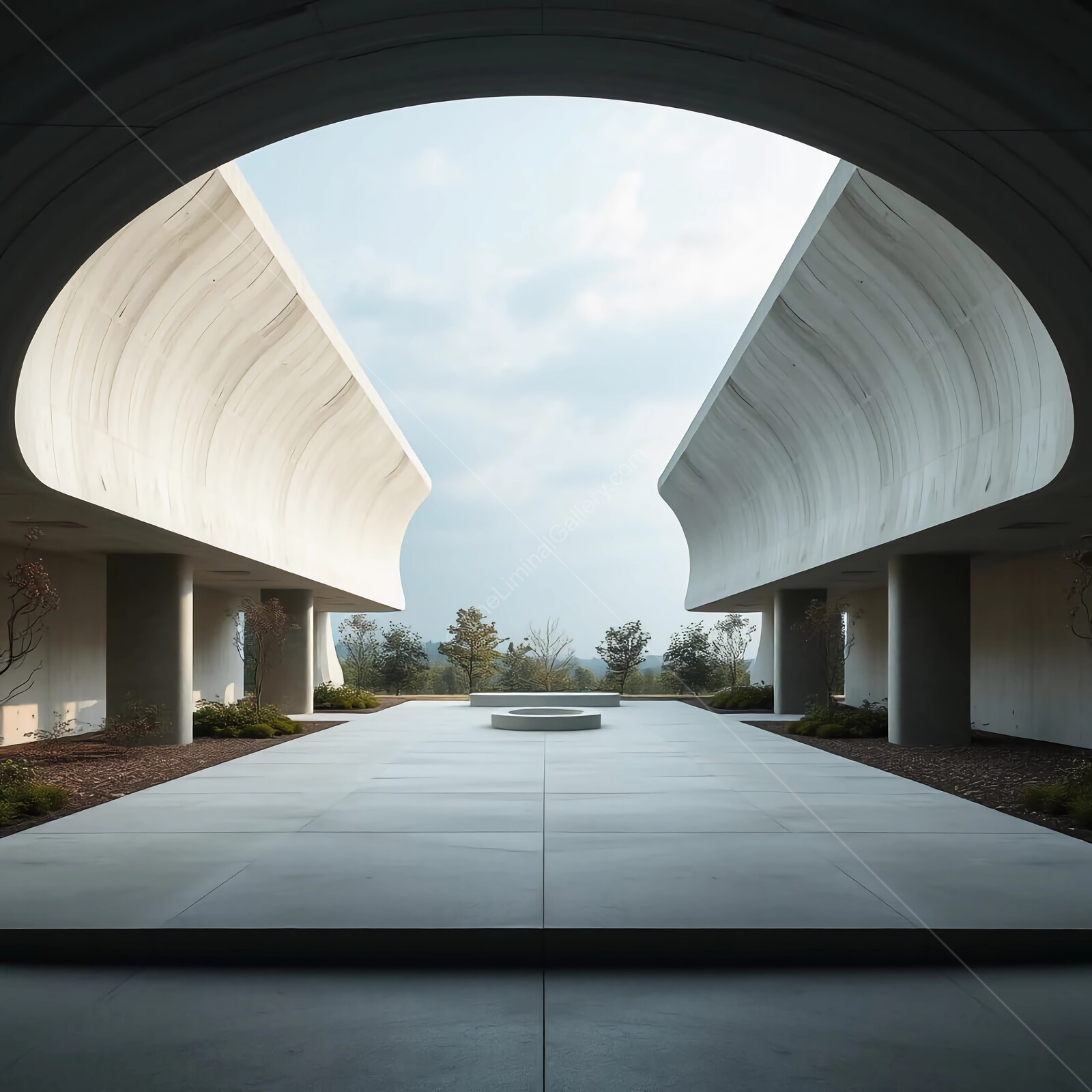 Modern architectural wonder with sweeping curves and tranquil courtyard nestled among nature's embrace