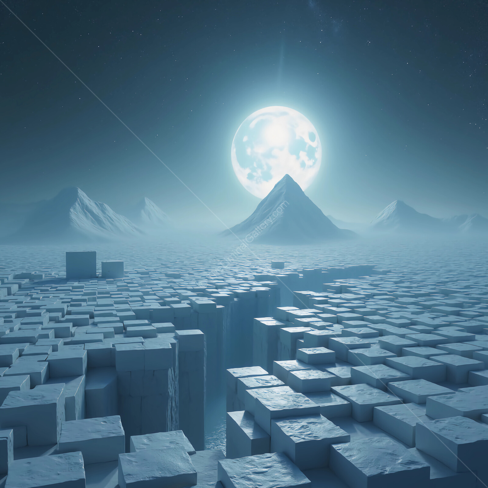 Majestic moonlight casts an ethereal glow over a frozen landscape of shimmering ice blocks
