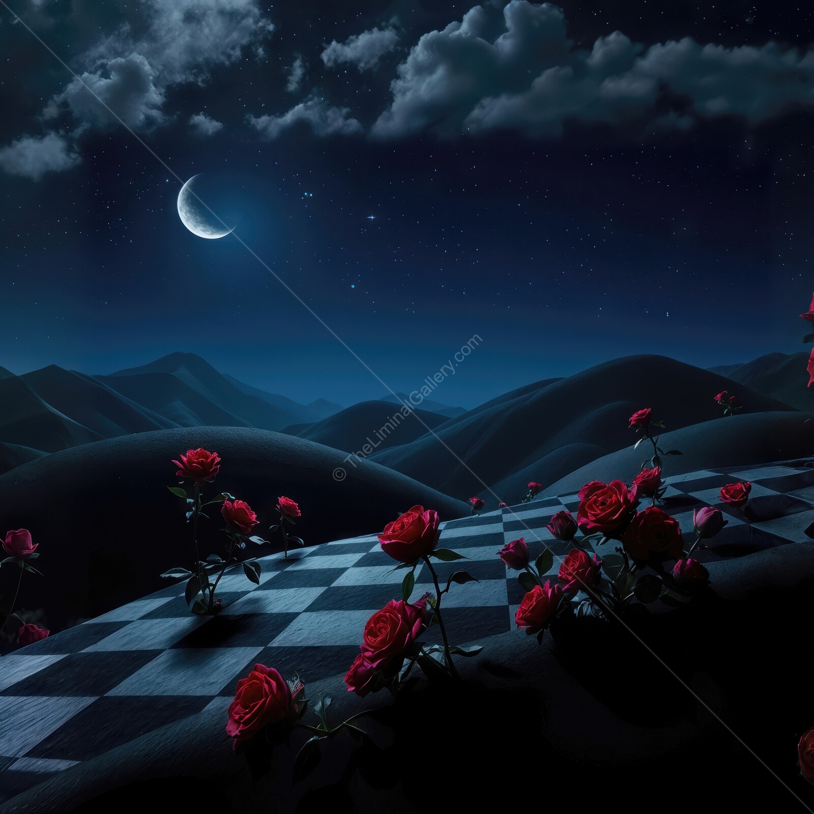 Moonlit liminal chessboard adorned with roses under a starry night sky