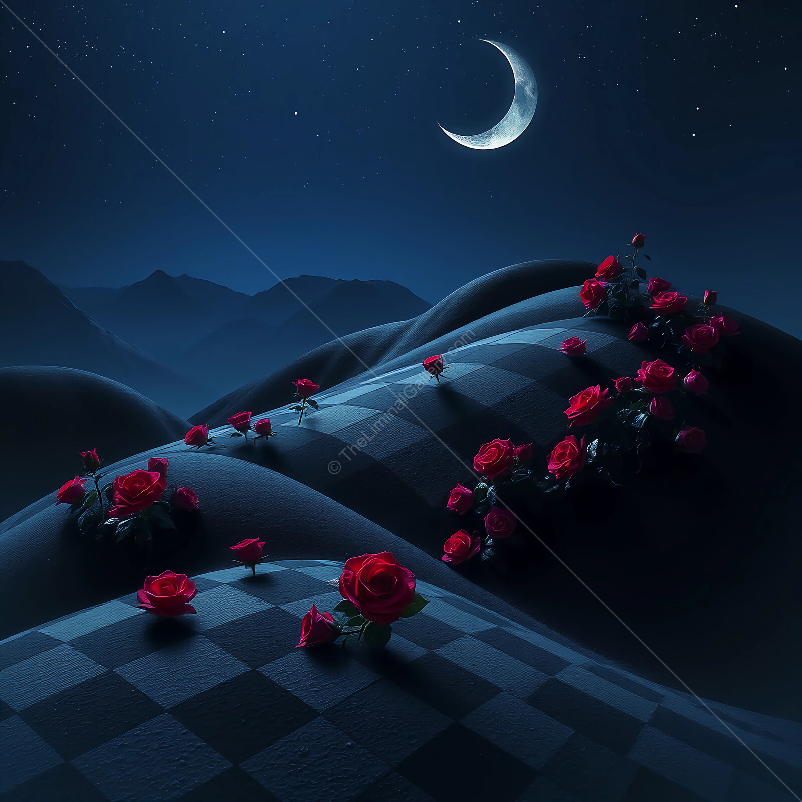 Mesmerizing moonlit liminal hills adorned with vibrant red roses in a dreamlike landscape