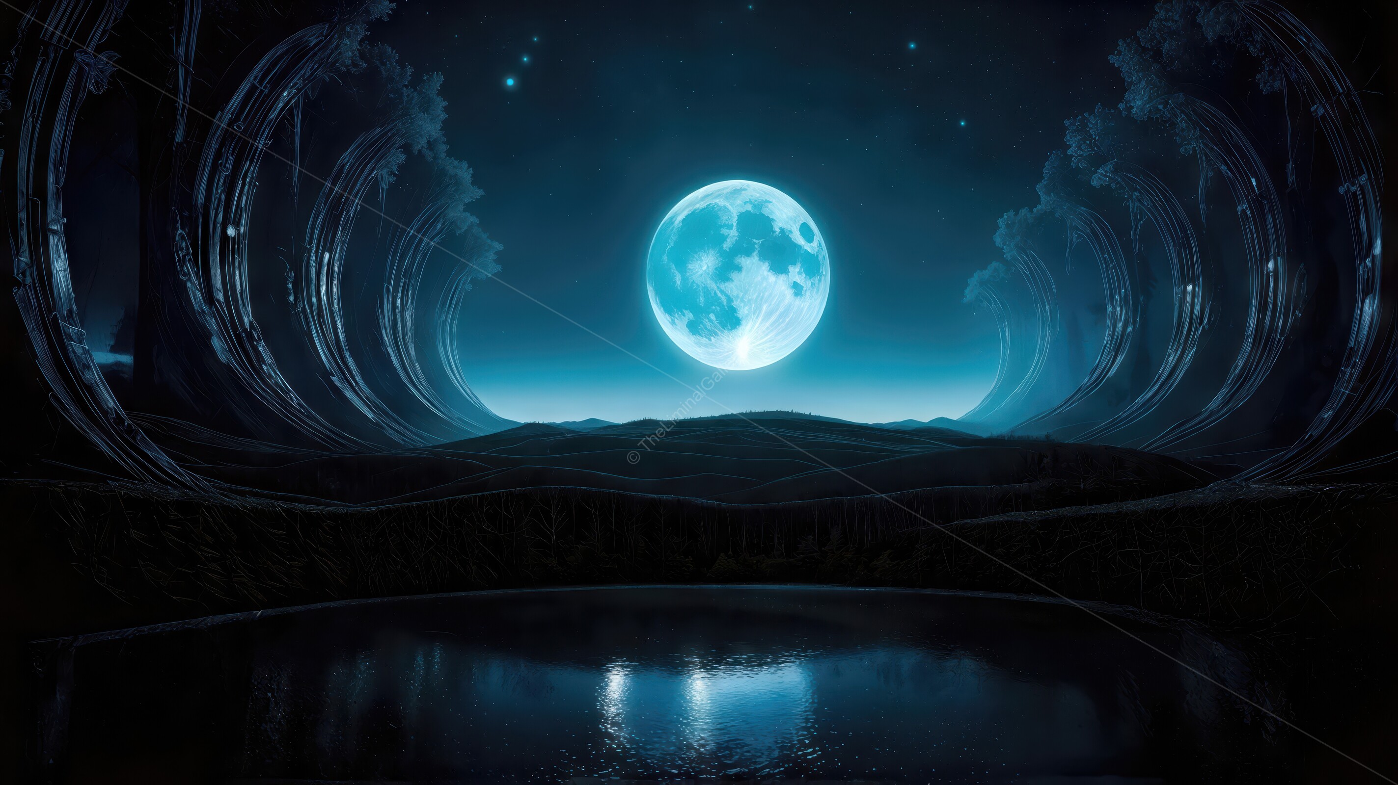 Moonlit landscape reveals tranquility and mystery in an ethereal nighttime setting with vibrant hues