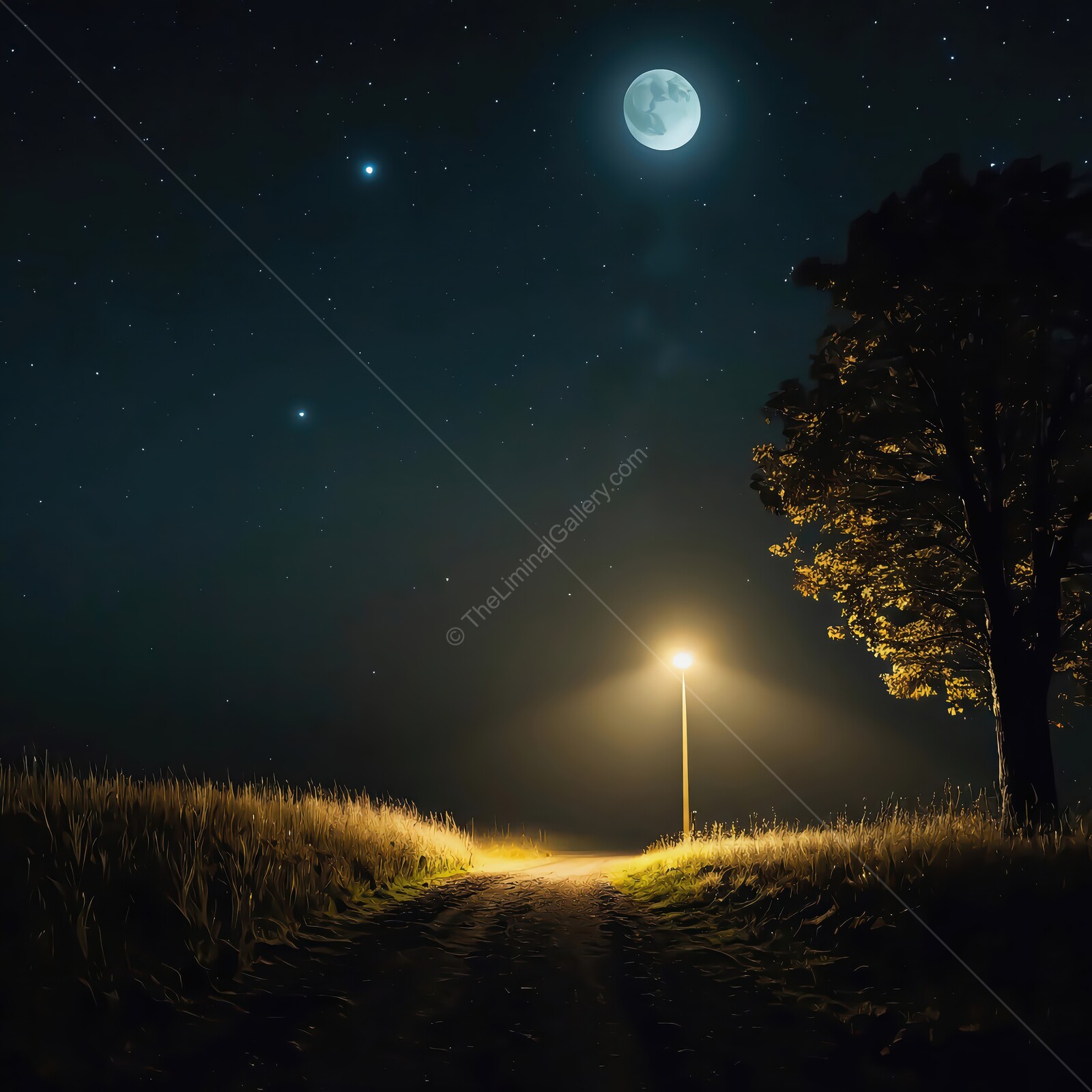 Enchanting moonlit pathway under a starlit sky invites evening strolls through nature's embrace