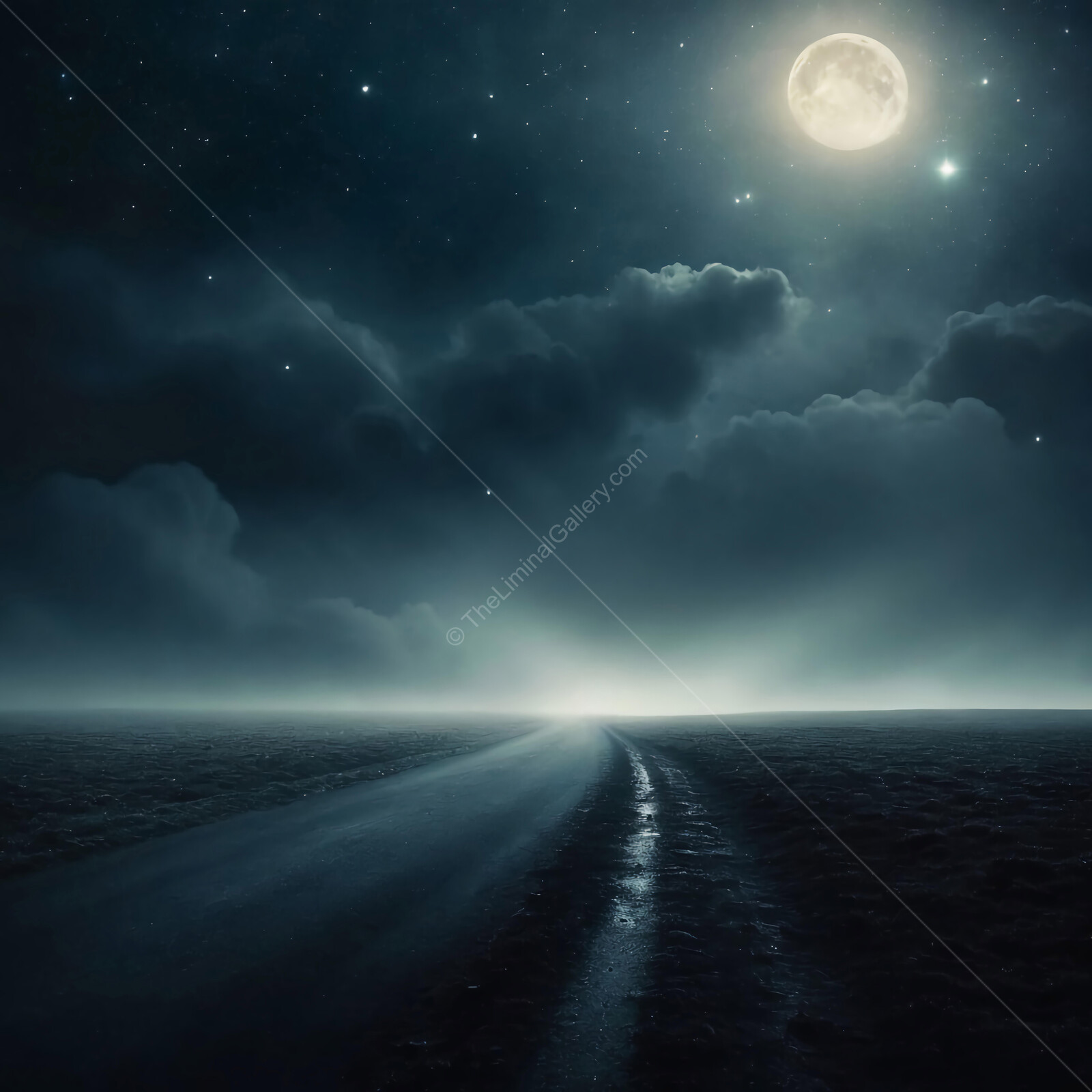 Moonlit pathway through a tranquil landscape under a starry night sky
