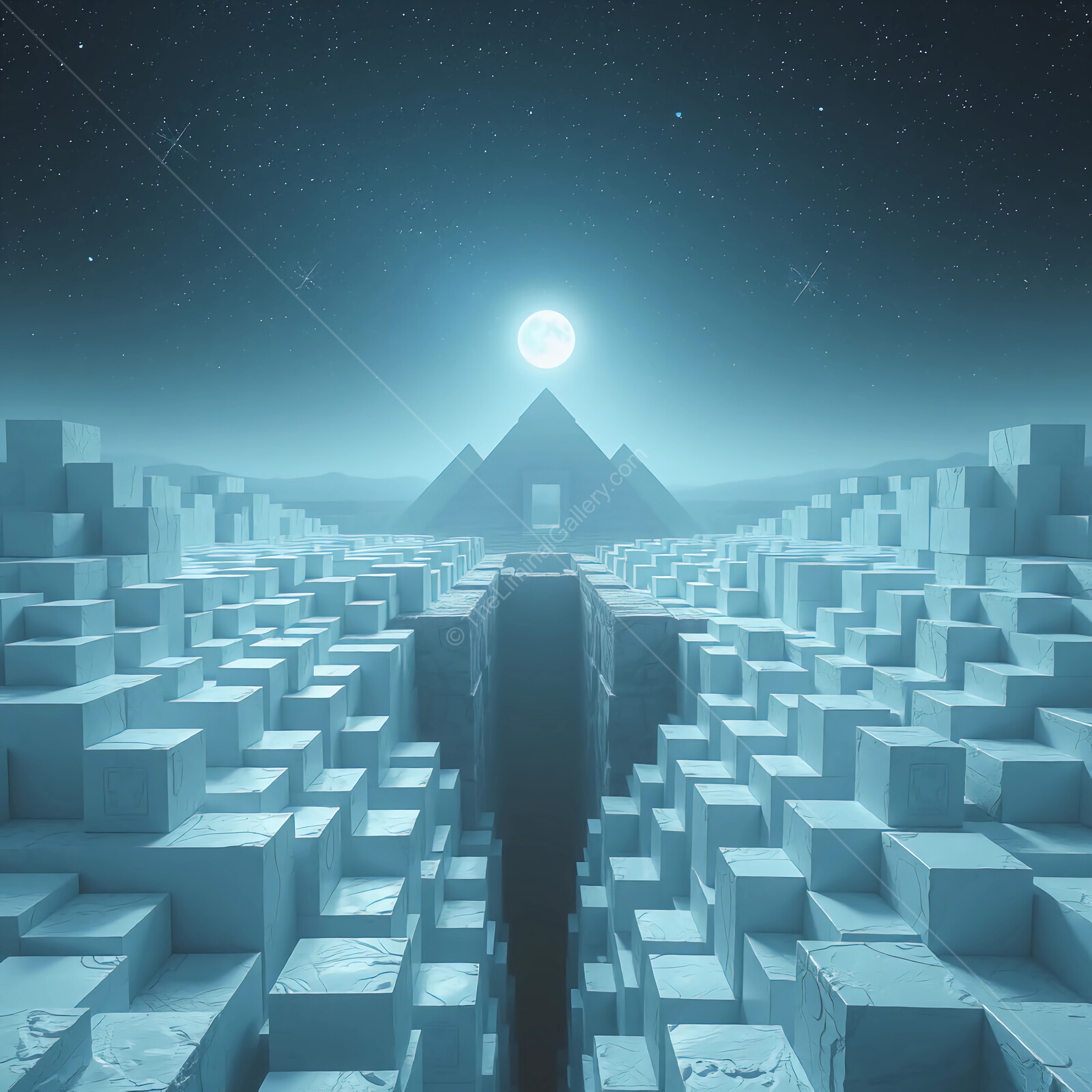 Mystical encounter with ancient pyramids under a shimmering moonlit sky
