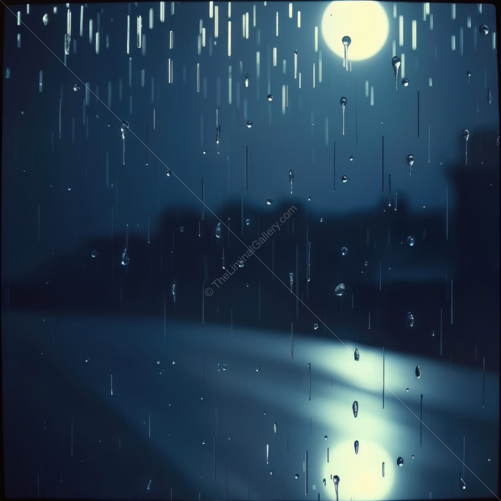 Moonlit rain scatters jeweled droplets across nightscape, each sparkling bead amplifying quiet calm and deepening the serene glow of the darkened landscape