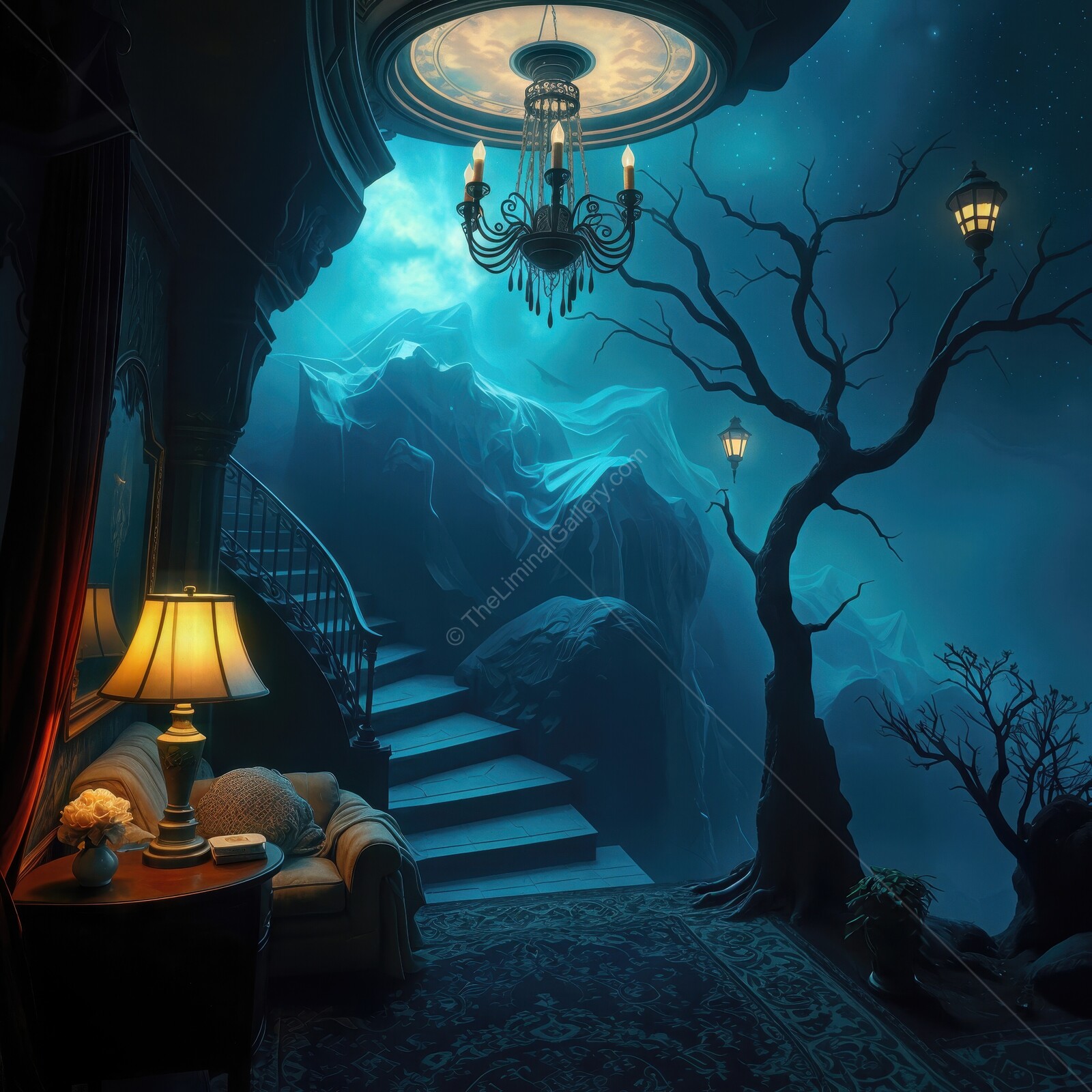 Enchanting moonlit liminal room with ornate staircase and mystical ambiance