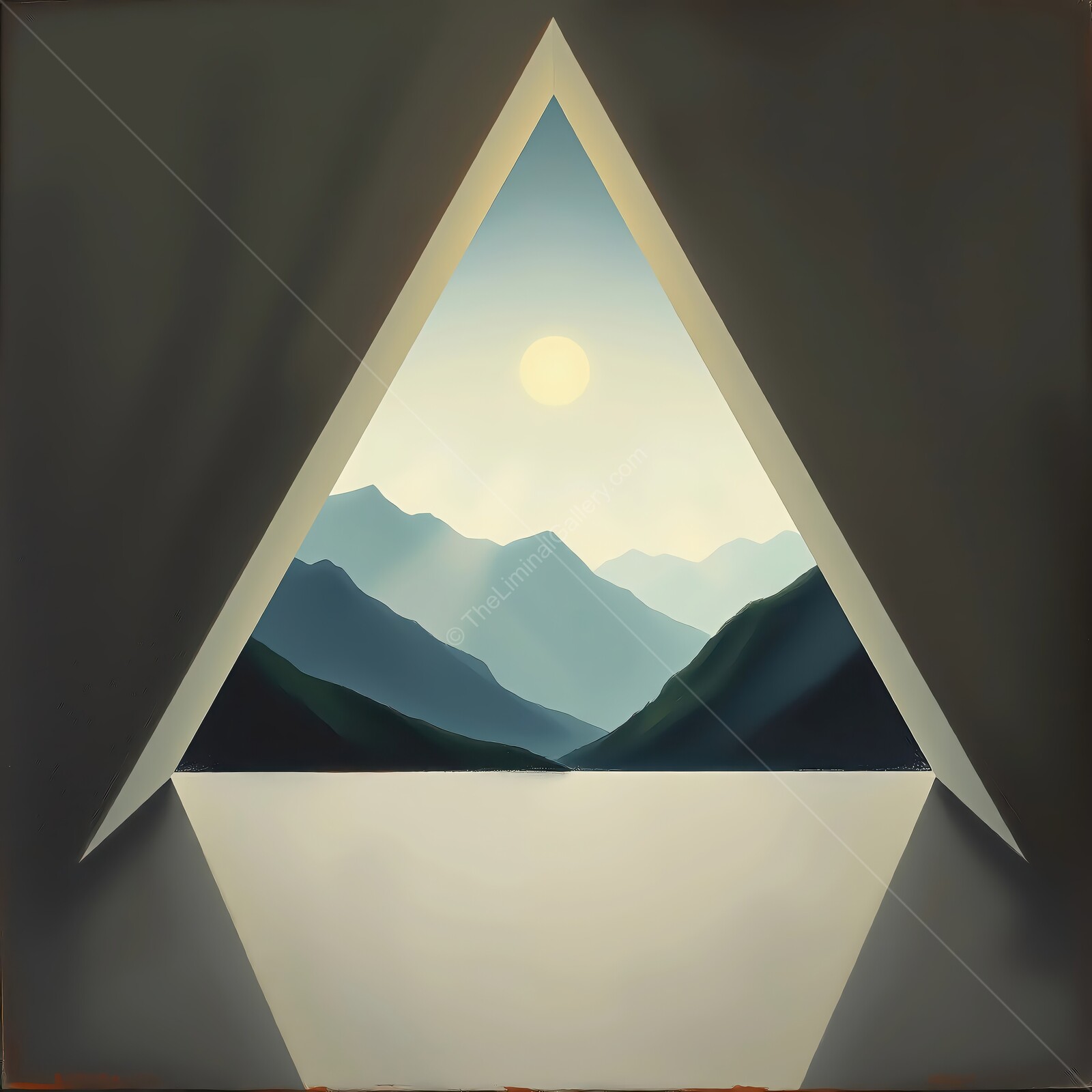 Captivating mountain landscape framed by a geometric design at dawn with a serene atmosphere