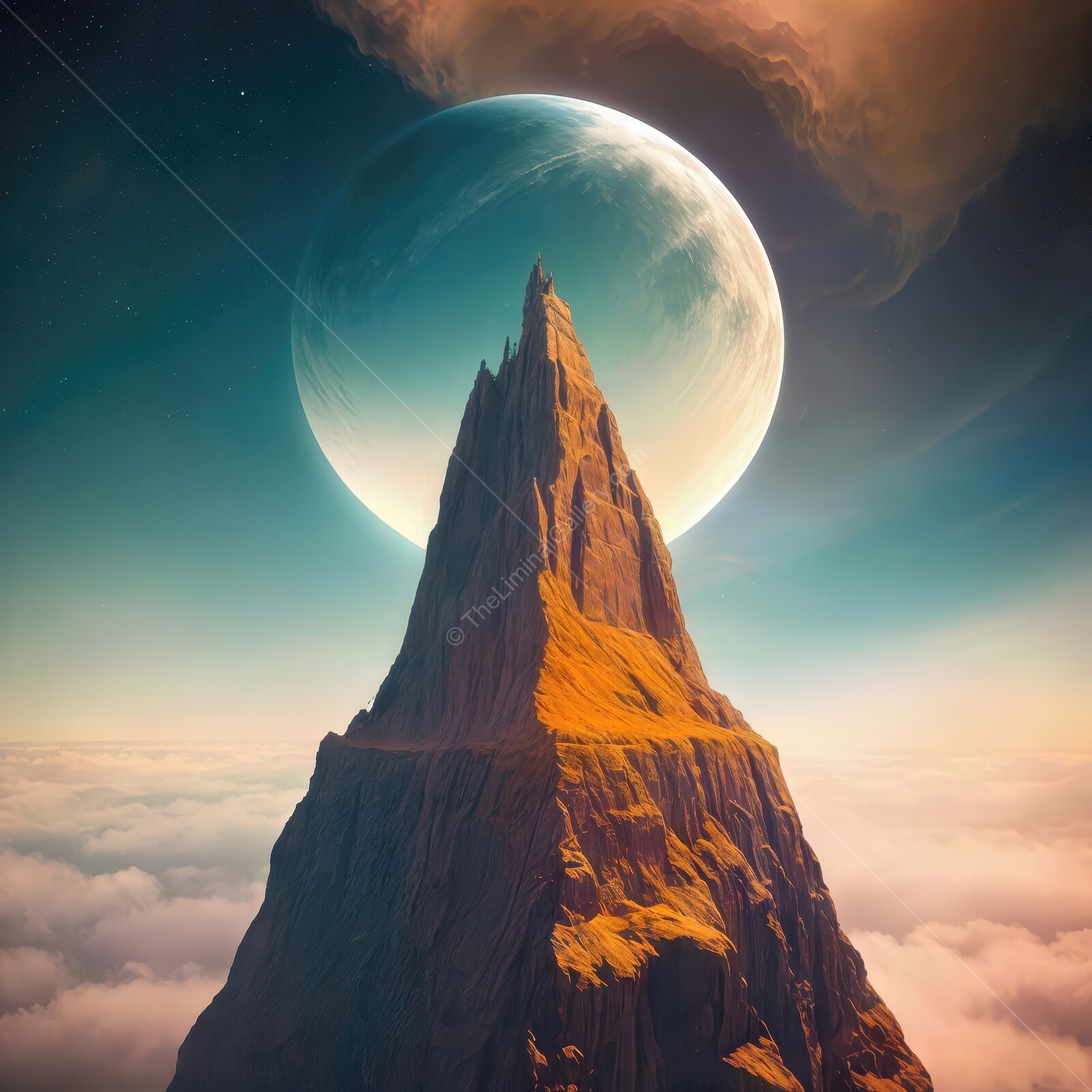 Majestic mountain peak rises from clouds under a surreal celestial body