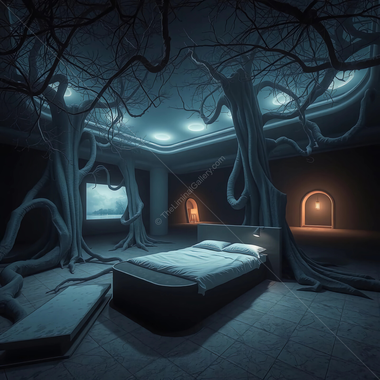 Mysterious bedroom entwined with surreal trees in a dreamlike atmosphere at twilight
