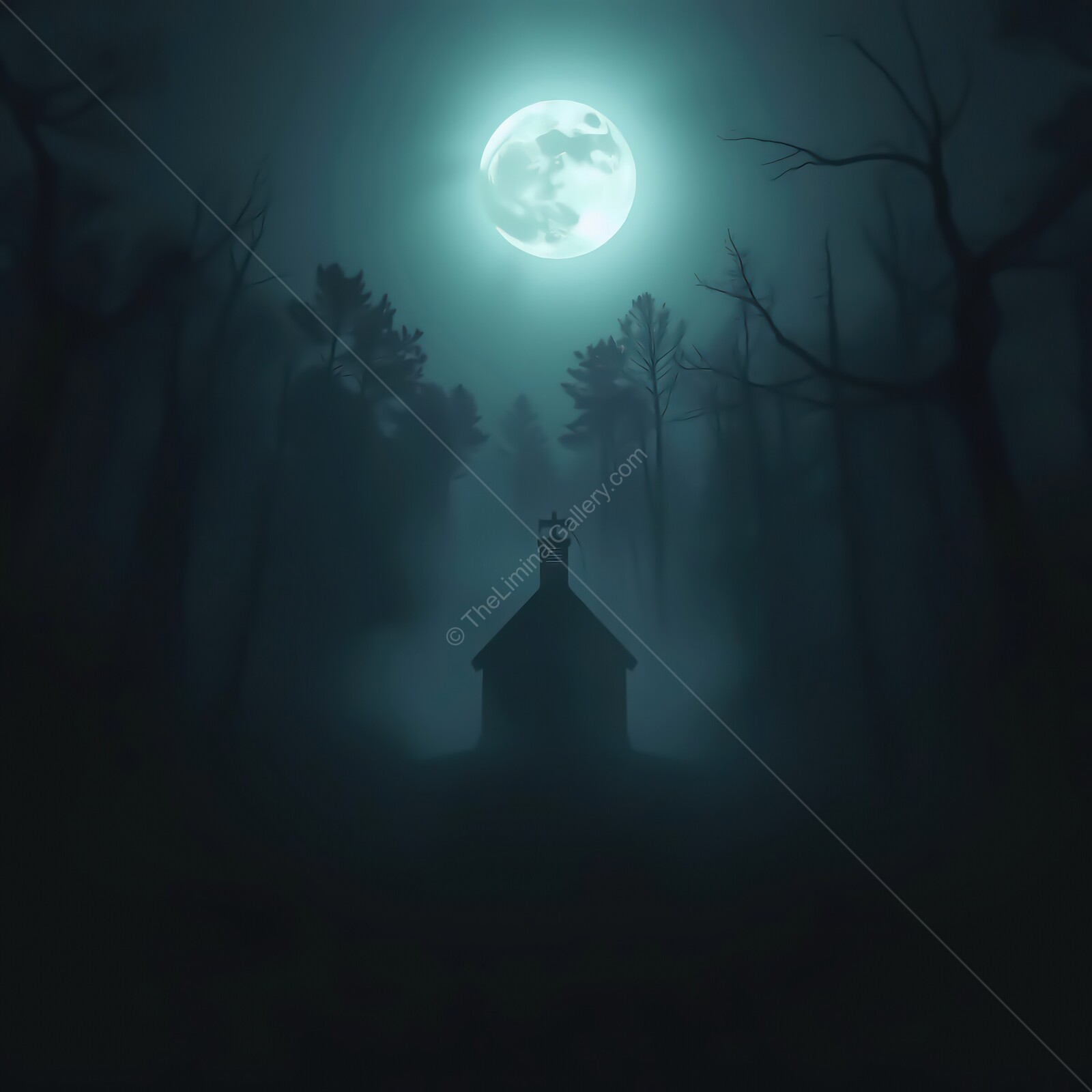 Mysterious chapel bathed in moonlight amidst a haunting forest at night