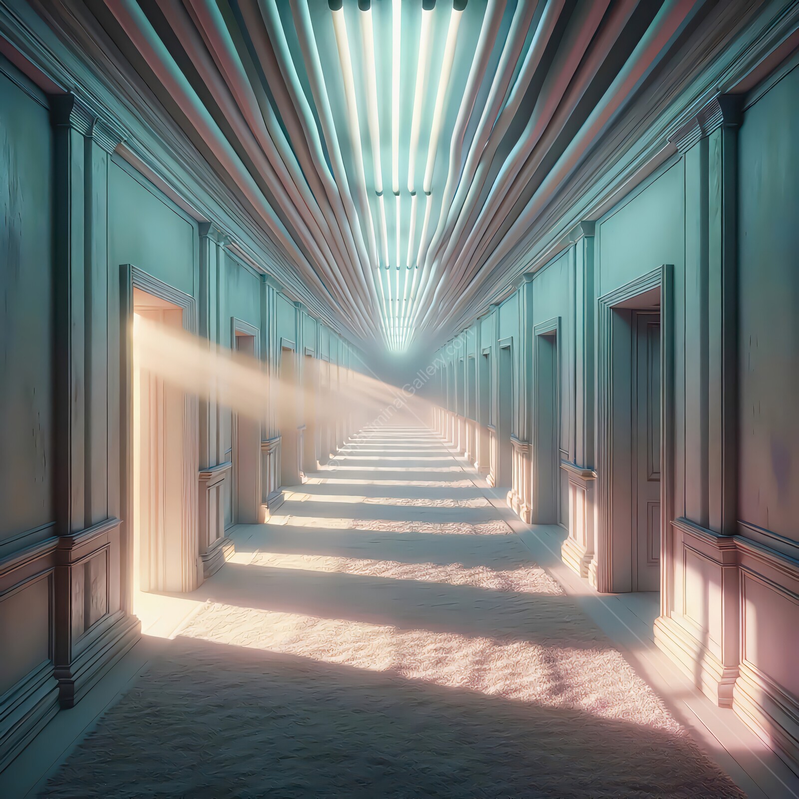 Mysterious liminal corridor with rippling shag carpet illuminated by soft light creates an ethereal atmosphere during twilight hours