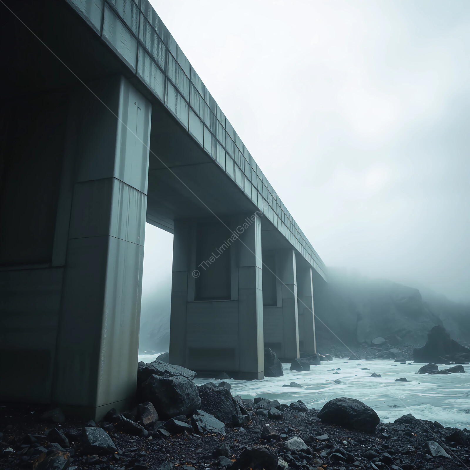 Mysterious fog envelops a towering concrete bridge above turbulent waters