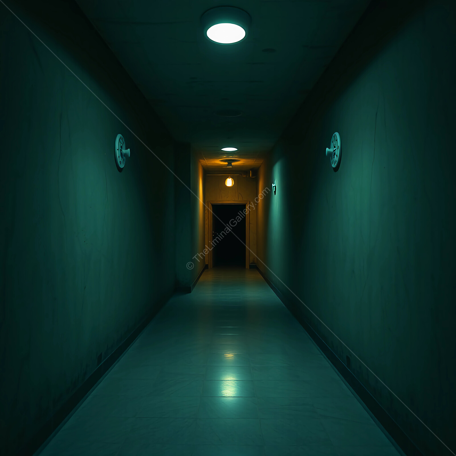Mysterious hall with soft lighting that leads to an unknown doorway in a quiet building at night