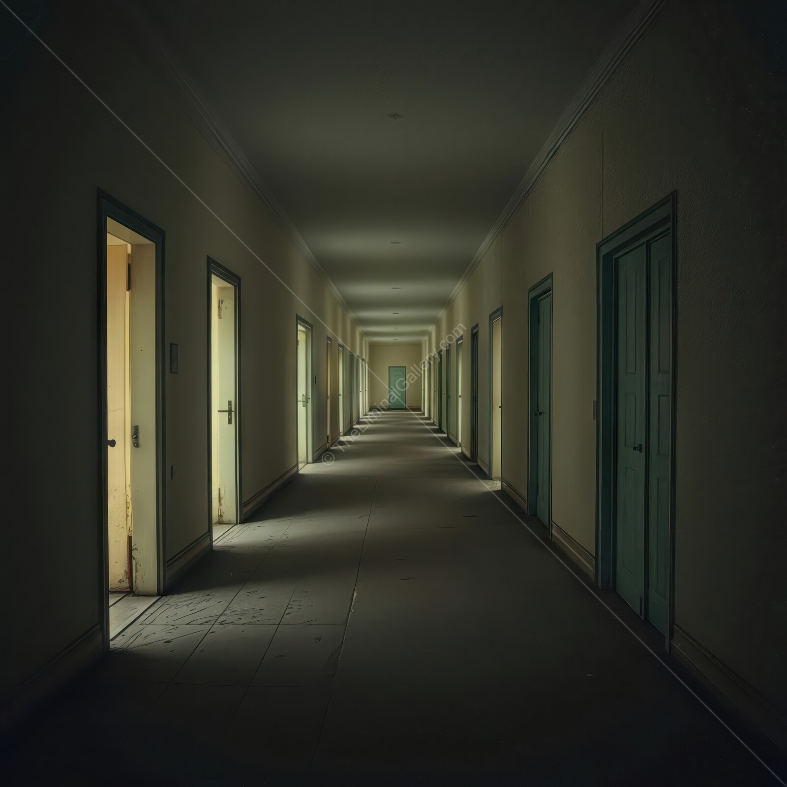 Mysterious liminal hallway illuminated by soft light in an abandoned building inviting exploration and curiosity