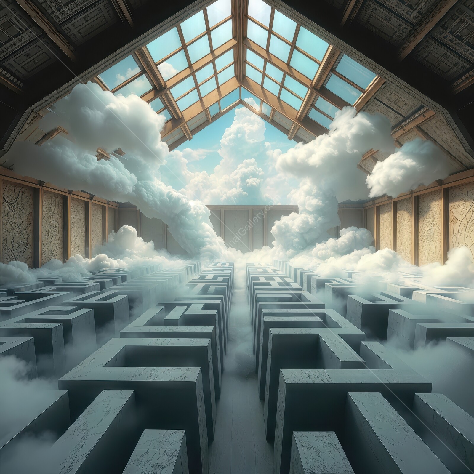 Mysterious labyrinth filled with clouds under a stunning skylight in an abandoned space